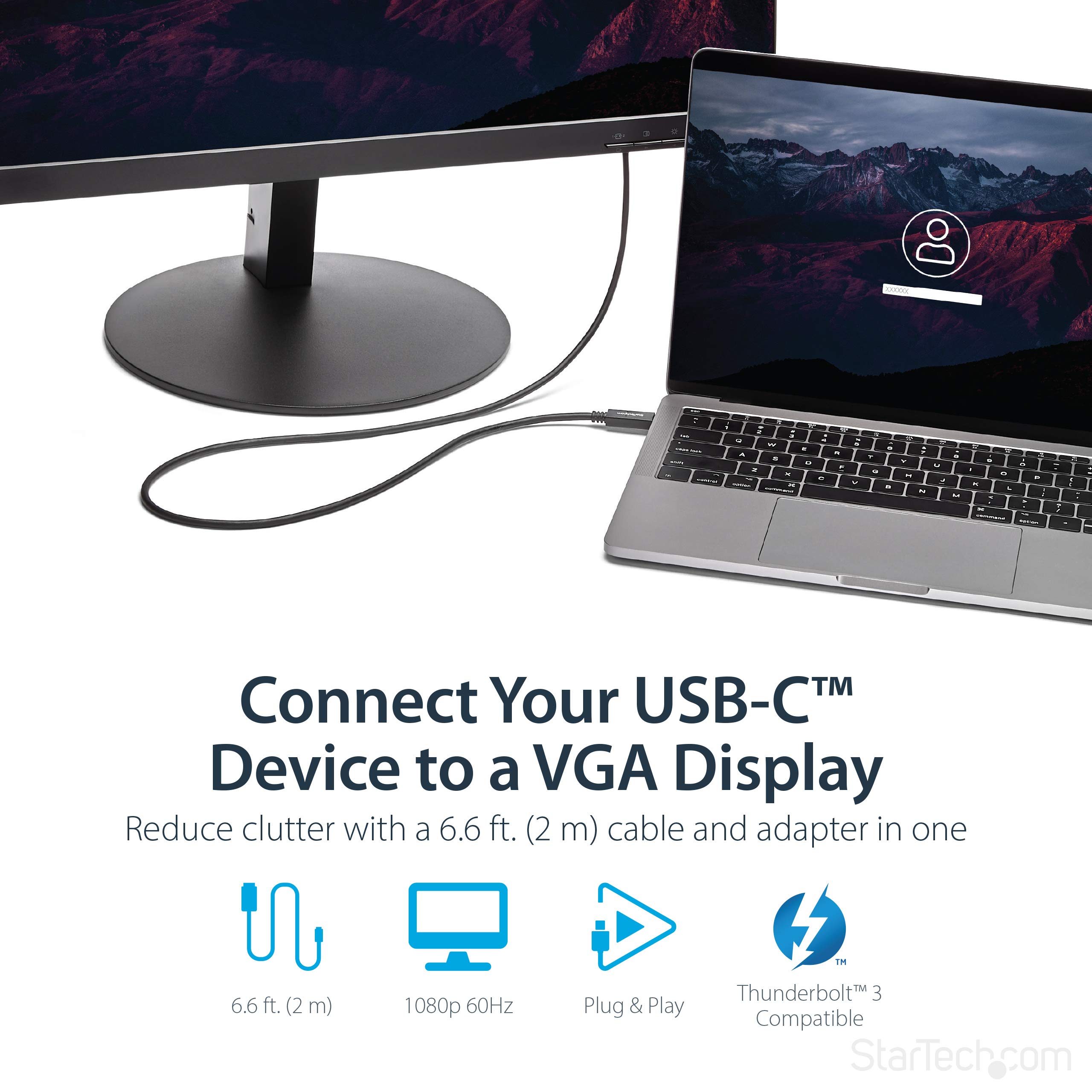 StarTech Câble Actif USB-C vers VGA 2m, 1920x1200, 1080p (CDP2VGAMM2MB)