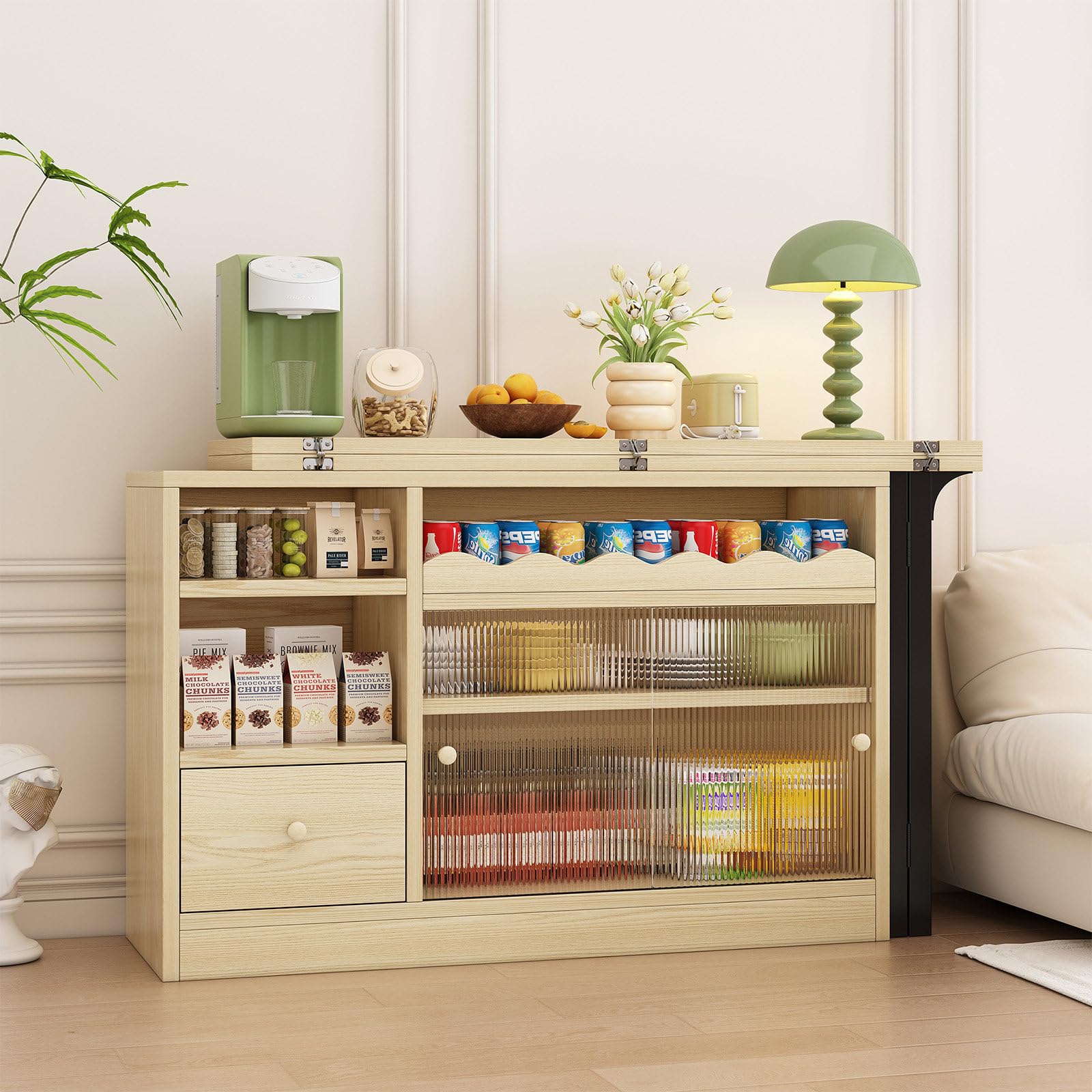 360° Drehbarer Sideboard Schrank Mit Glas – Multifunktionaler Esszimmerschrank Schwarz Mit Snackregal