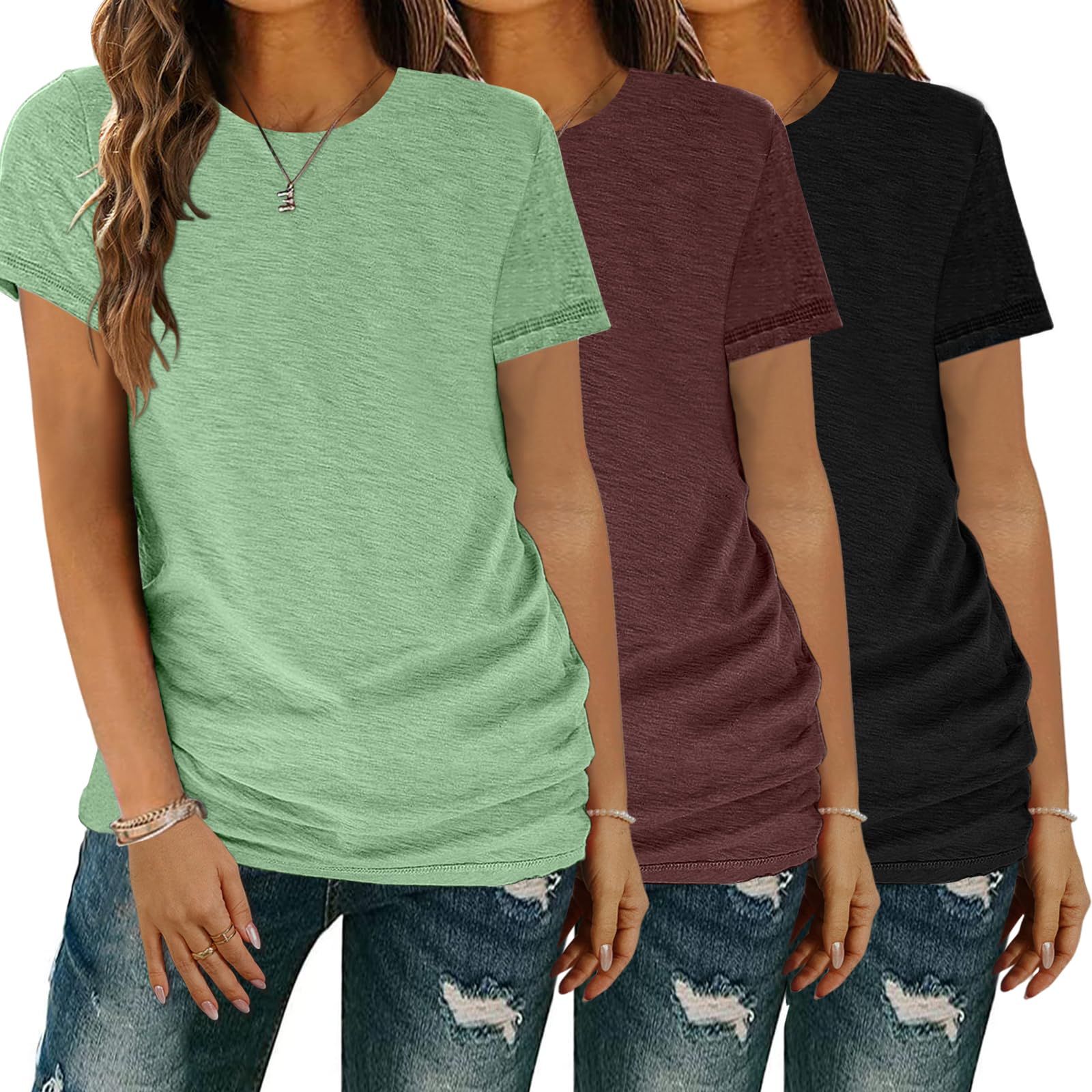YGOODM T-Shirt Damen 3er Pack Kurzarm lang Basic Sommer T-Shirts, t-Shirts für Damen mit Rundhalsausschnitt