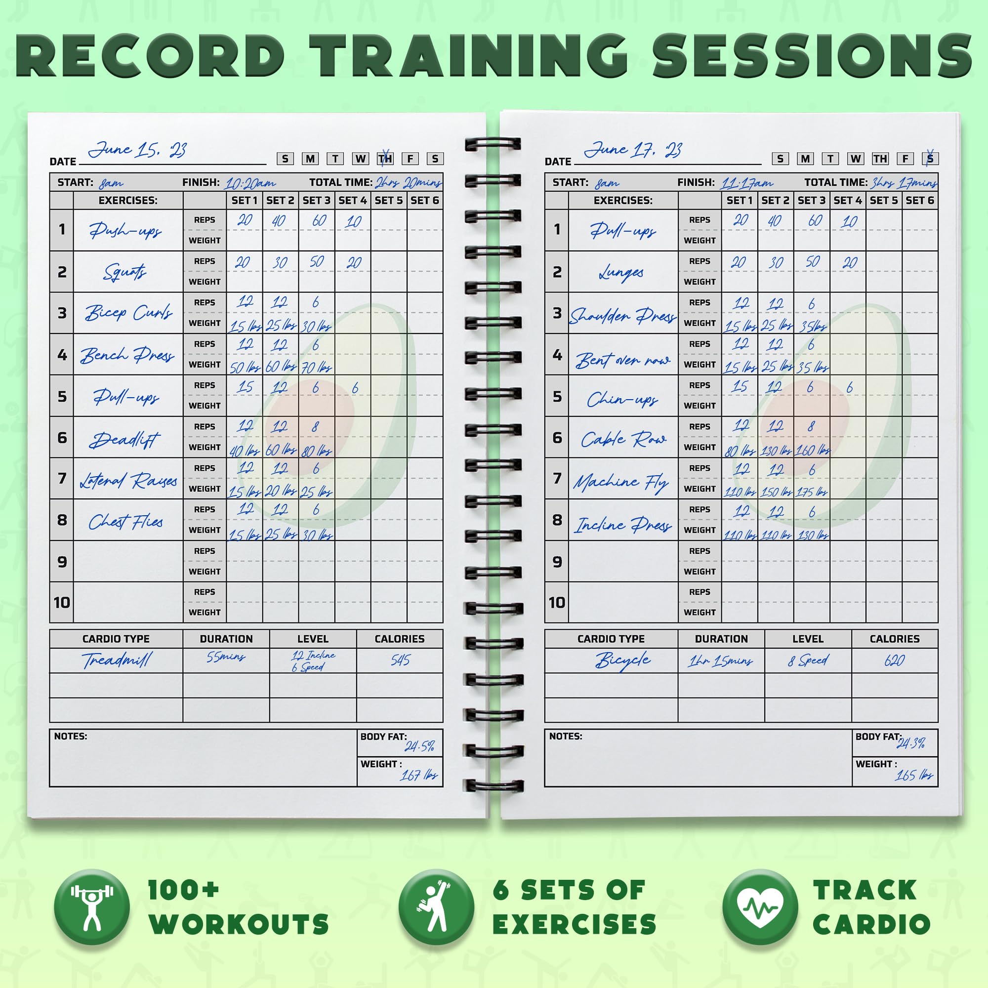 Fitness Logbook - Workout Planner - Formato A5, Verde avocado - Copertina più spessa migliorata - Diario di allenamento - Impostazione degli obiettivi per il bodybuilding - di Workout Log