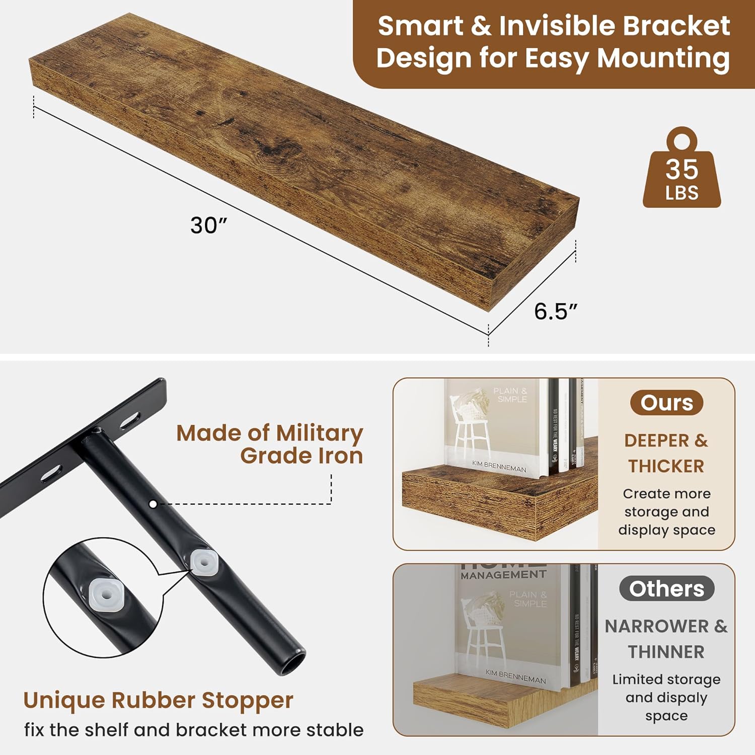fuqing Floating Shelves for Wall, Wall Mounted Wood Floating Shelf with Invisible Brackets for Living Room, Bathroom, Bedroom, Kitchen Storage and Decor, 30 Inch Set of 2, Rustic Brown