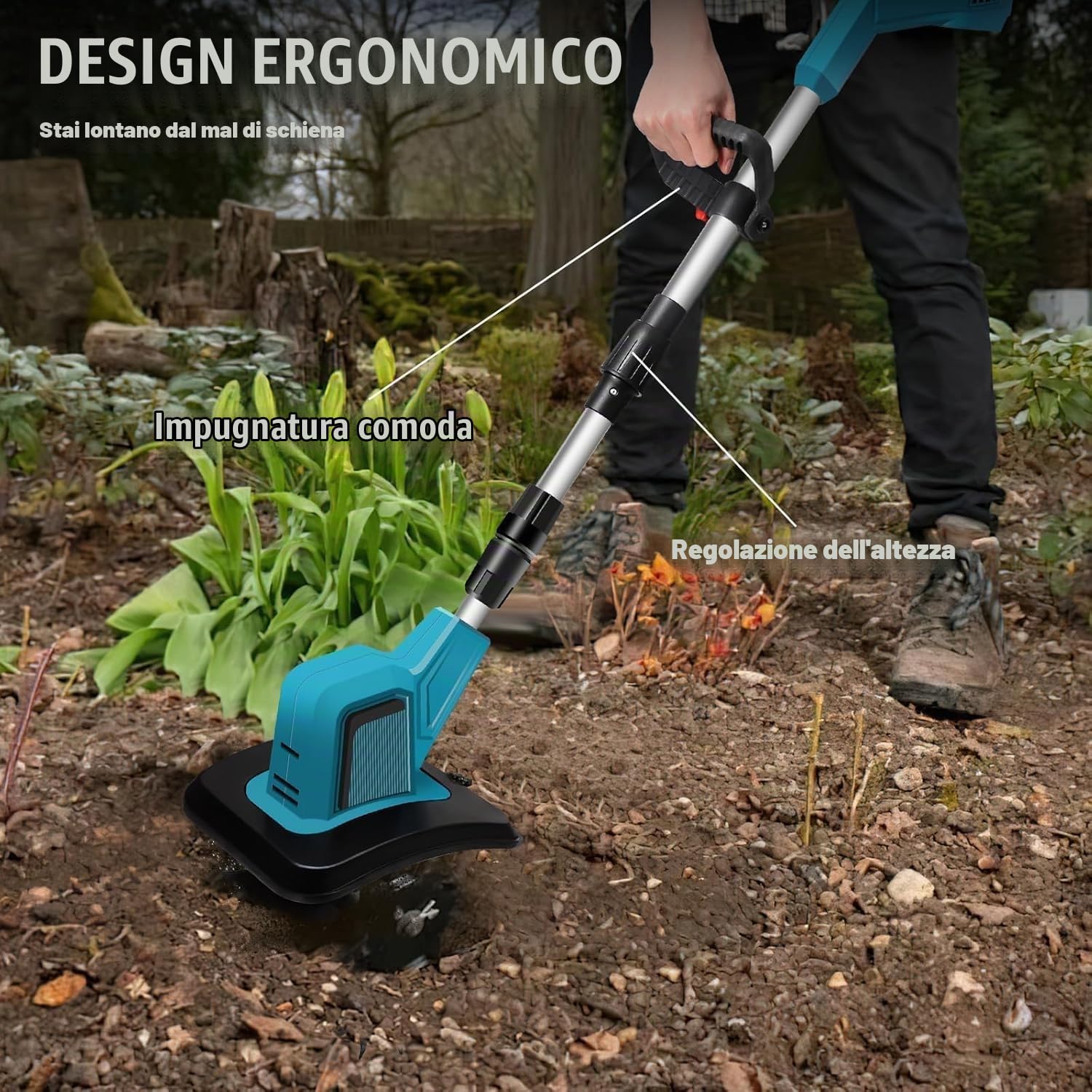 GrecoShop Elettrozappa Motozappa Coltivatore a Batteria 21V con Doppia Batteria – Potente 270 RPM con 4 Denti in Acciaio, Profondità 18 cm e Larghezza 220 mm per Orto, Giardino e Aiuole