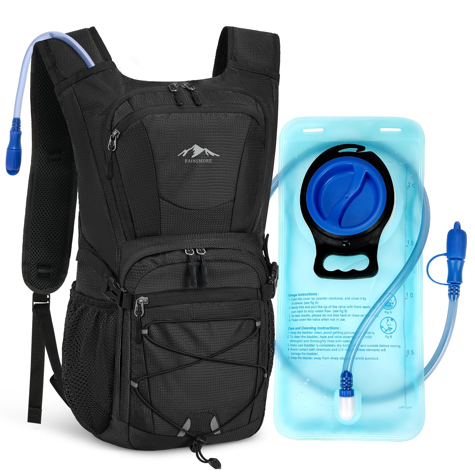 RAINSMORE Trinkrucksack mit 2L Trinkblase Leichter Wanderrucksack Rucksack mit Trinksystem für Herren Damen Fahrradrucksack Laufrucksack Hydration Rucksack zum Klettern Biken Bergsteigen
