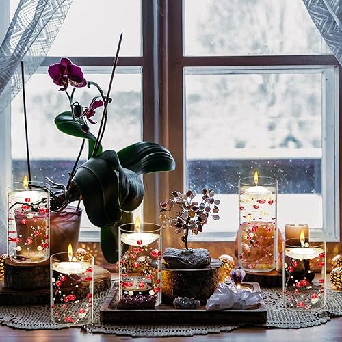 Miniatura 5 de Juego de 9 jarrones cilíndricos de vidrio para centros de mesa, portavelas transparentes de huracán de varios tamaños con velas flotantes, cadena de