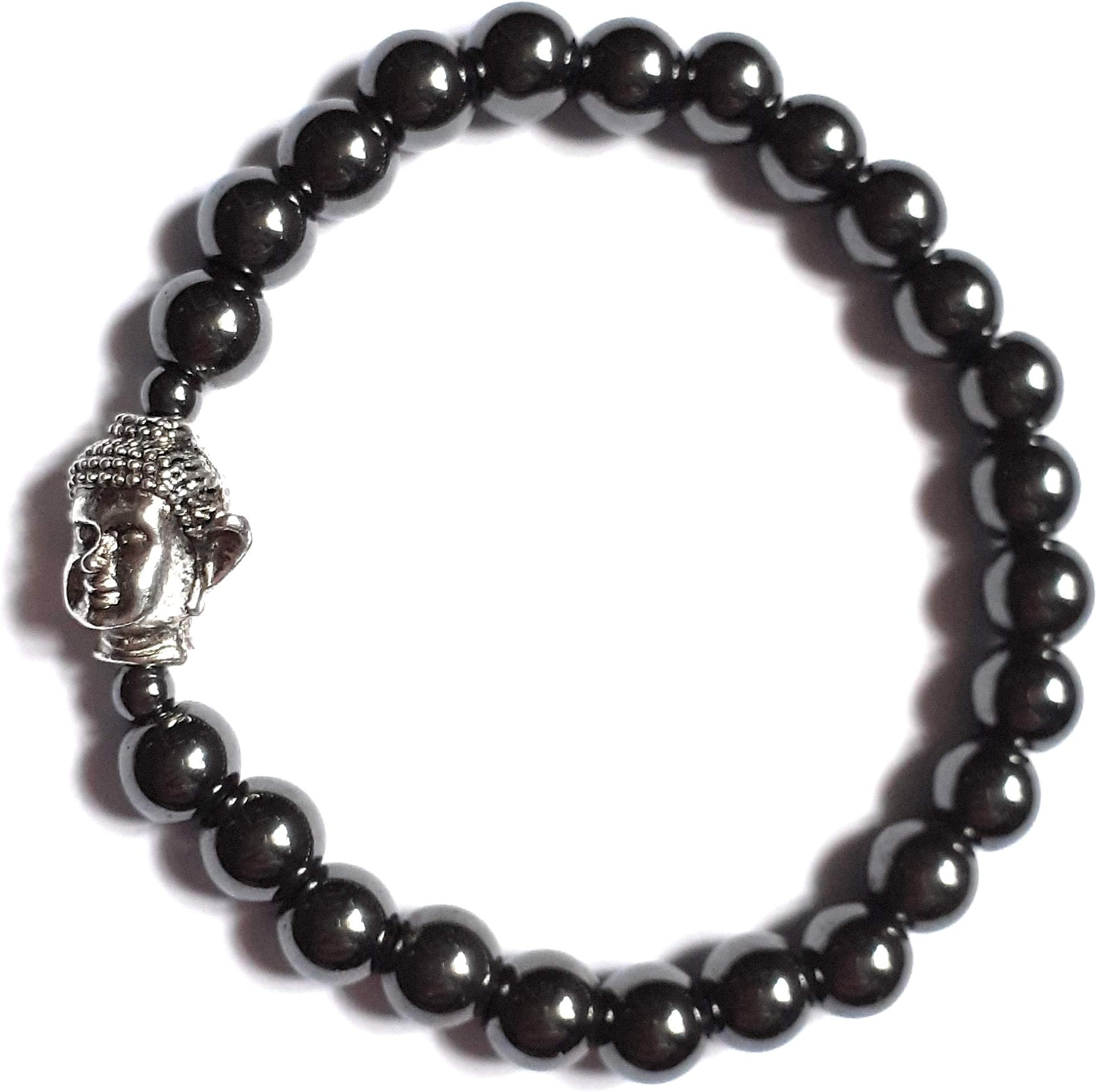 Wild TherapiesSmall Size Hematite Bead Bracelet with Silver Buddha Head - Calming Stone + Gift Bag