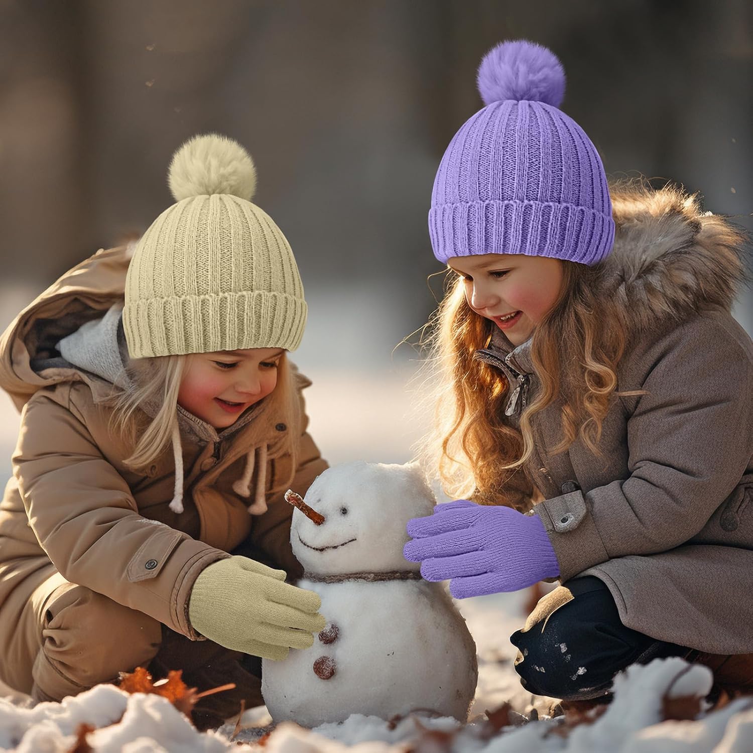JaGely Kids Beanie and Glove Set Winter Snow Warm Hat and Gloves Unisex Knit Hat with Pompom Full Fingers Ski for Boys Girls