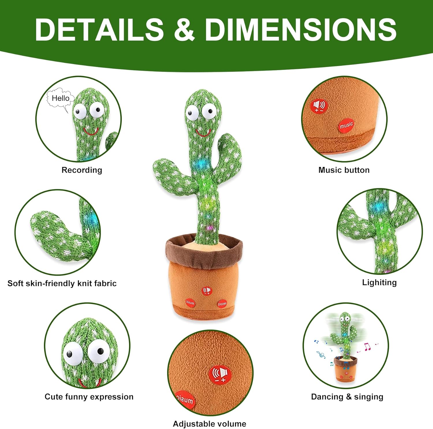 JISON21 Plush Toys, Volume Control Singing and Dancing Cactus Toys, Recording Cactus, Home Decorations, for Children (White-Duck) : Toys & Games