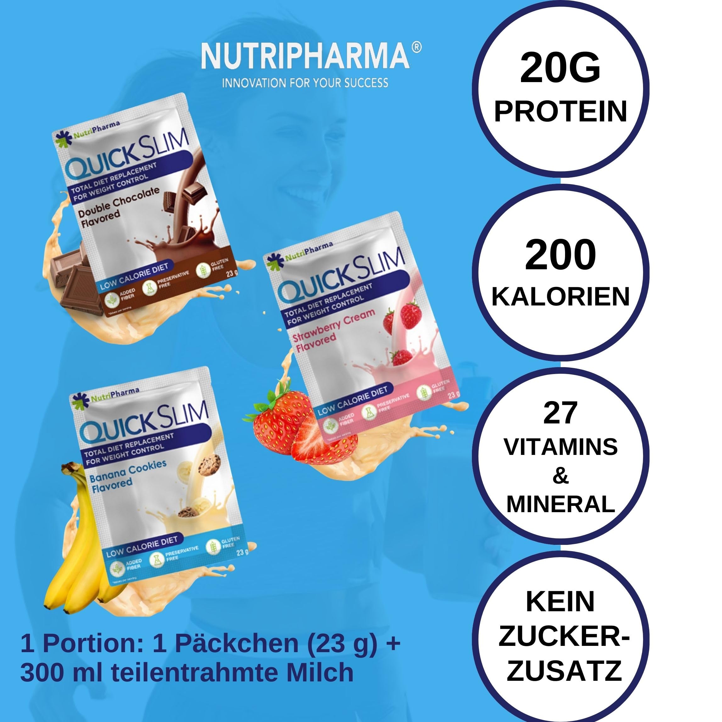Quick Slim Mahlzeitenersatz Shake zum Abnehmen, 30 Portionen, 20g Protein, 27 Vitamine & Mineralien, Ballaststoffe, Low Carb, Glutenfrei (Abwechslungsreiches Paket)