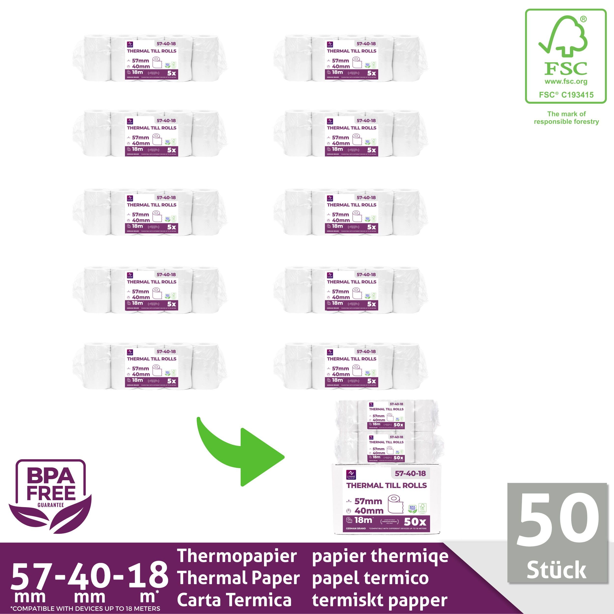 Ec-Cash Thermorollen 57mm x 18m x 12mm - Kassenrollen - Thermopapier - Bonrollen für Bankomat - Kredit-Kartenlesegeräte (57x40x12) (50 Rollen)