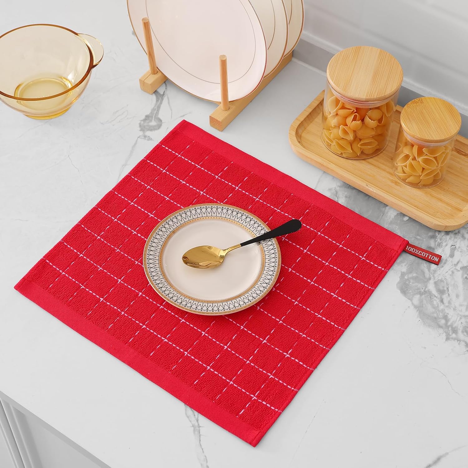 Mordimy 100% Cotton Terry Cloth Dish Cloths, Soft and Absorbent Checkered Dish Towels, Quick Drying Dish Rags for Washing Dishes, 6 Pack, 12 x 12 Inches, Red - Image 8