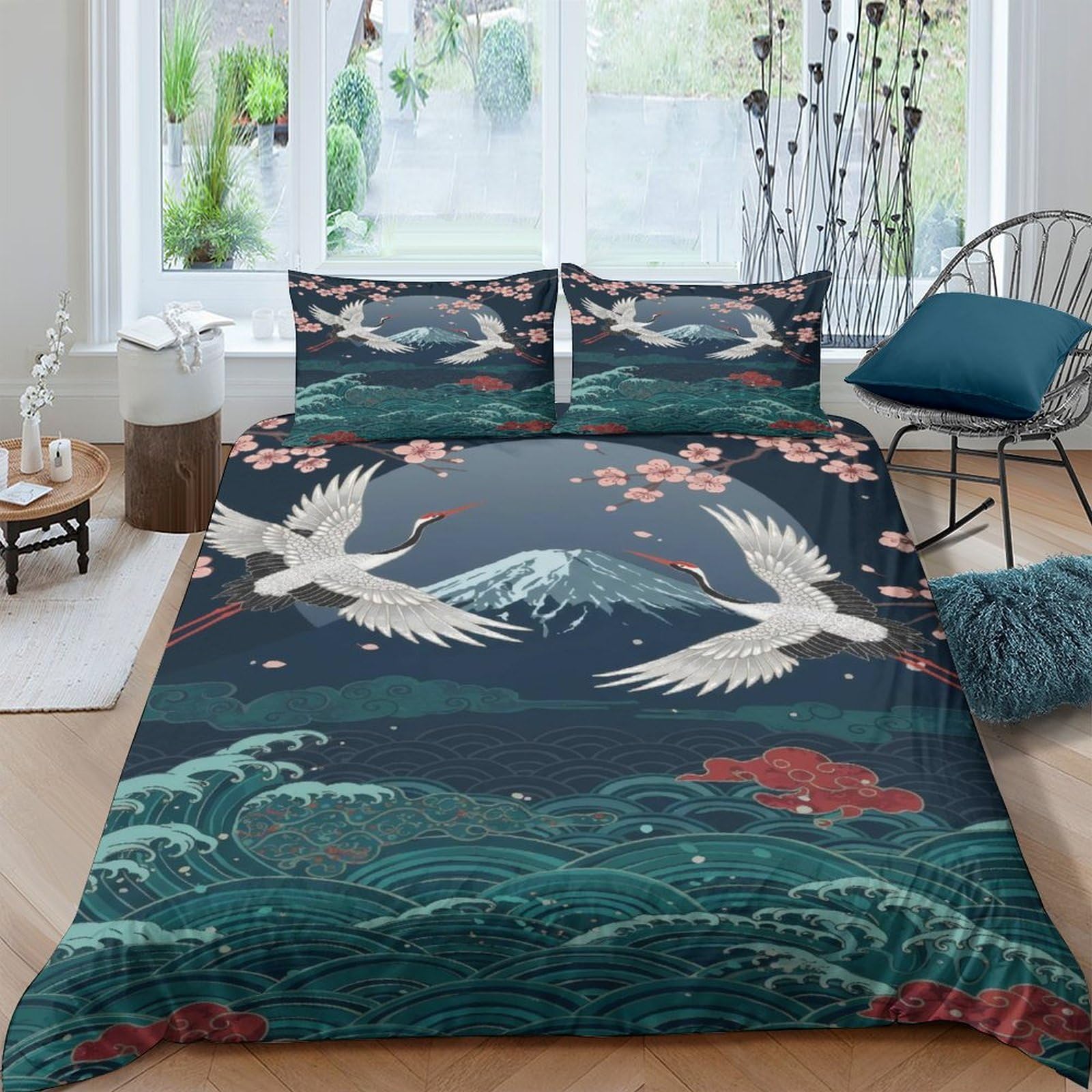 Ctjqhvkz Style-6 3D Printed Japanese Crane Fitted Sheet Microfiber Soft Breathable Mount Fuji Mattress Cover For Bedroom Decor Single（135X200cm）