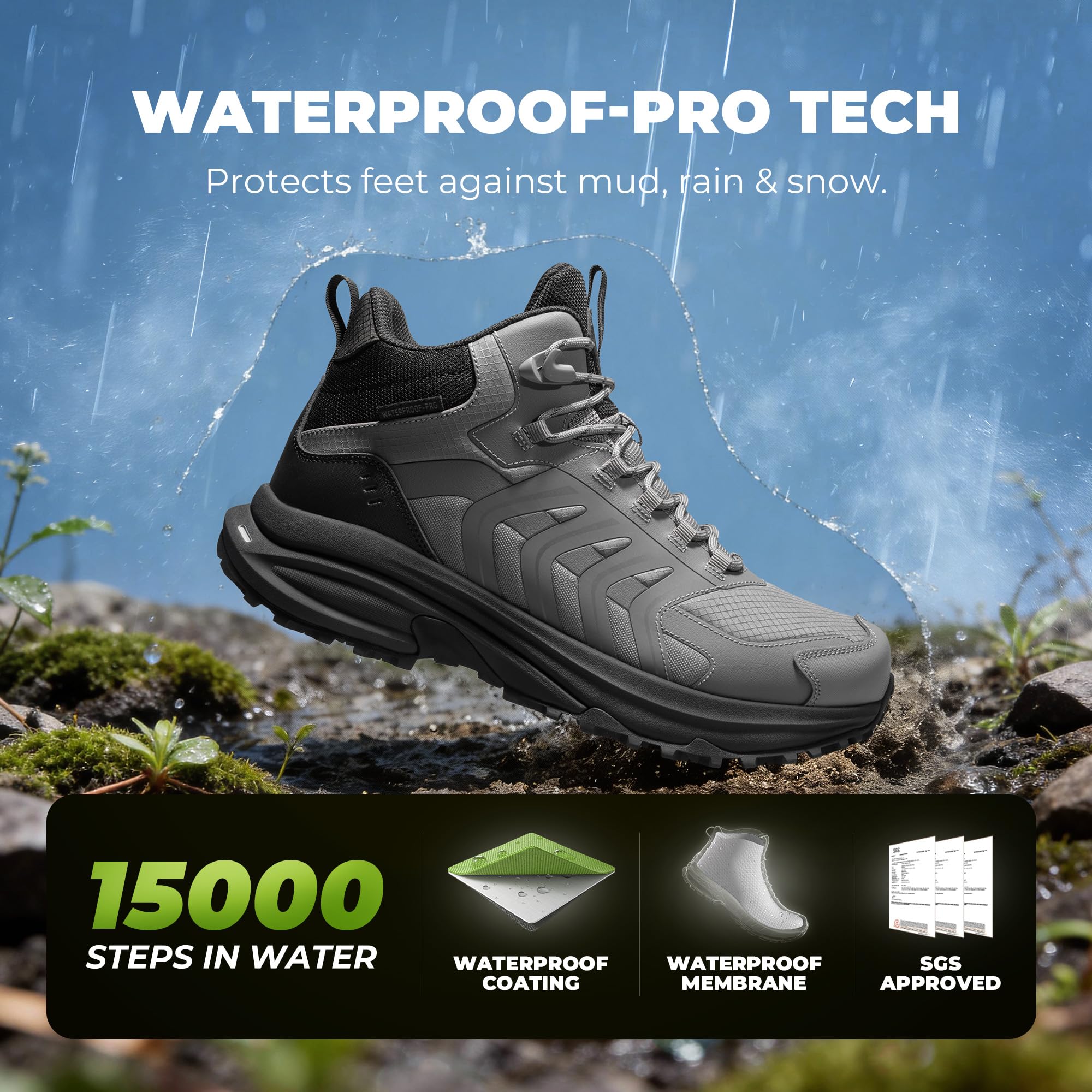 NORTIV 8 Męskie wodoodporne buty trekkingowe PRO, Szary Czarny, 10 UK | Lekkie buty trekkingowe do trekkingu, na kemping i wędrówki z plecakiem