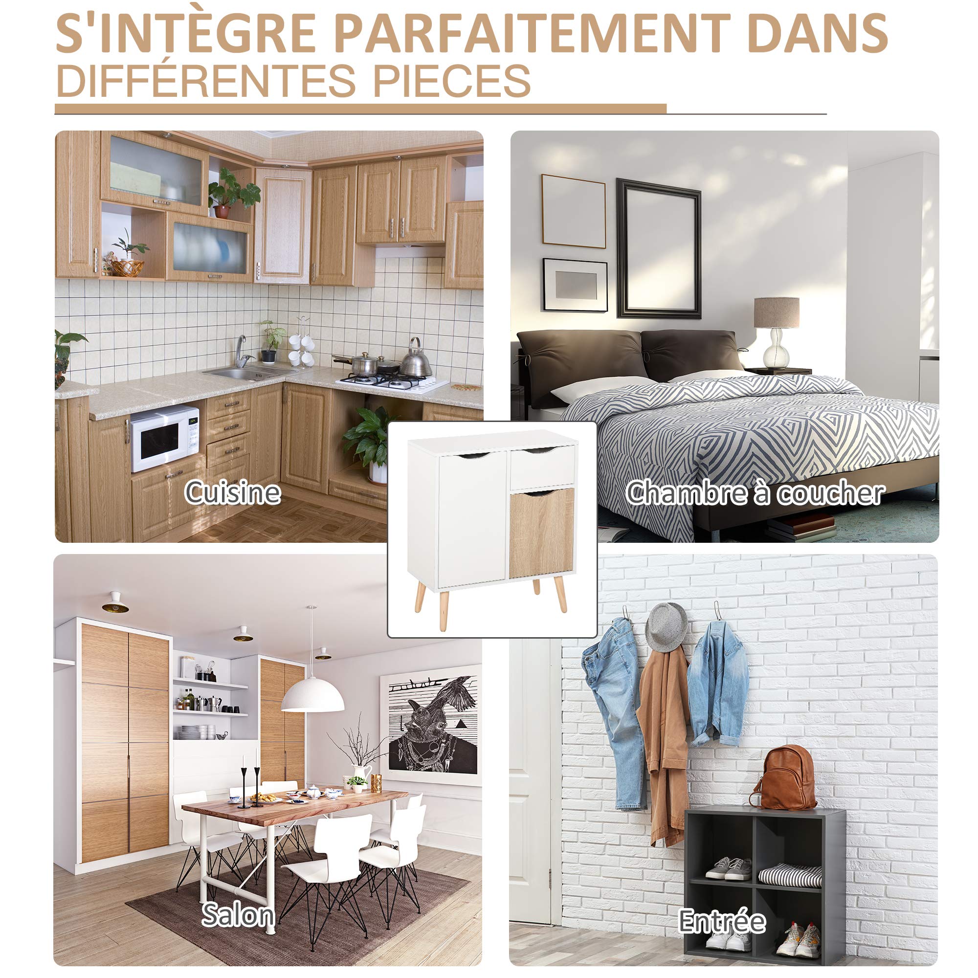 HOMCOM Buffet Meuble de Rangement Design scandinave 2 placards tiroir Coulissant Bois Blanc chêne Clair