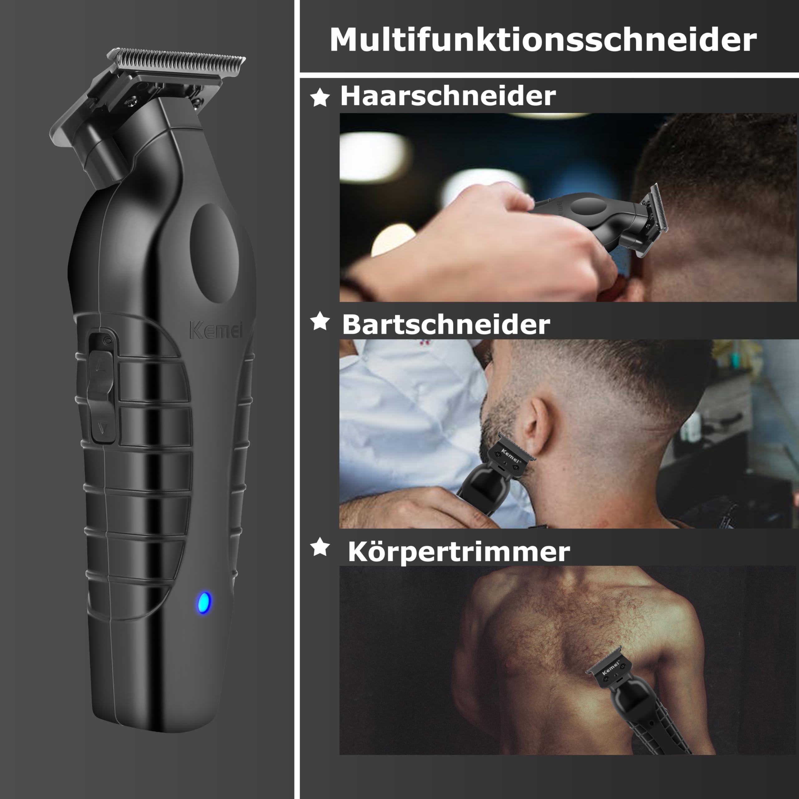 Kemei 2299 Professioneller Haartrimmer für Männer Elektrische Haarschneider, T-Klinge mit Nullabstand, Barttrimmer, Friseur-Haarschneideset, Kabellos und Wiederaufladbar