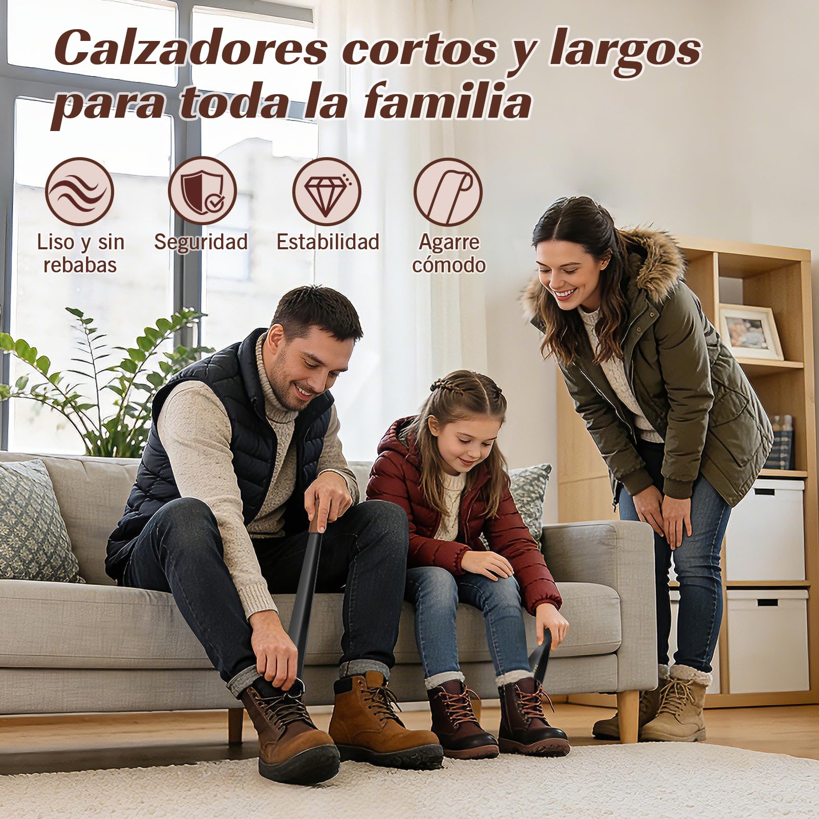 ZOMAKE Calzador de Zapatos 2 Piezas,42cm Largo Metalico Calzadores Negro para Personas Mayores con Correa Cuero,19cm Acero Inoxidable Shoe Horn Fácil de Utilizar(2 Piezas Negras A)