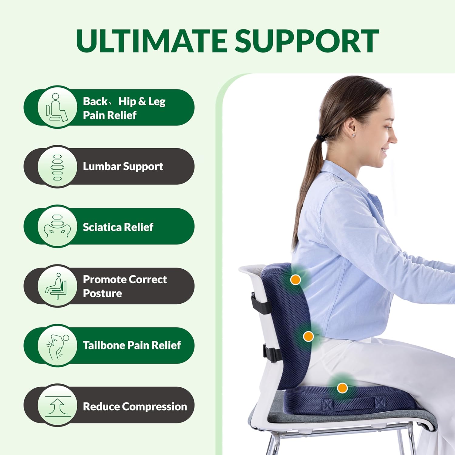 Charcoal Memory Foam Seat Cushion & Adjustable Lumbar Pillow Set - Back Support for Pain Relief (Sciatica,Tailbone),Washable & Non-Slip,Multipurpose for Office,Car,Wheelchair - Navy Blue - Image 5