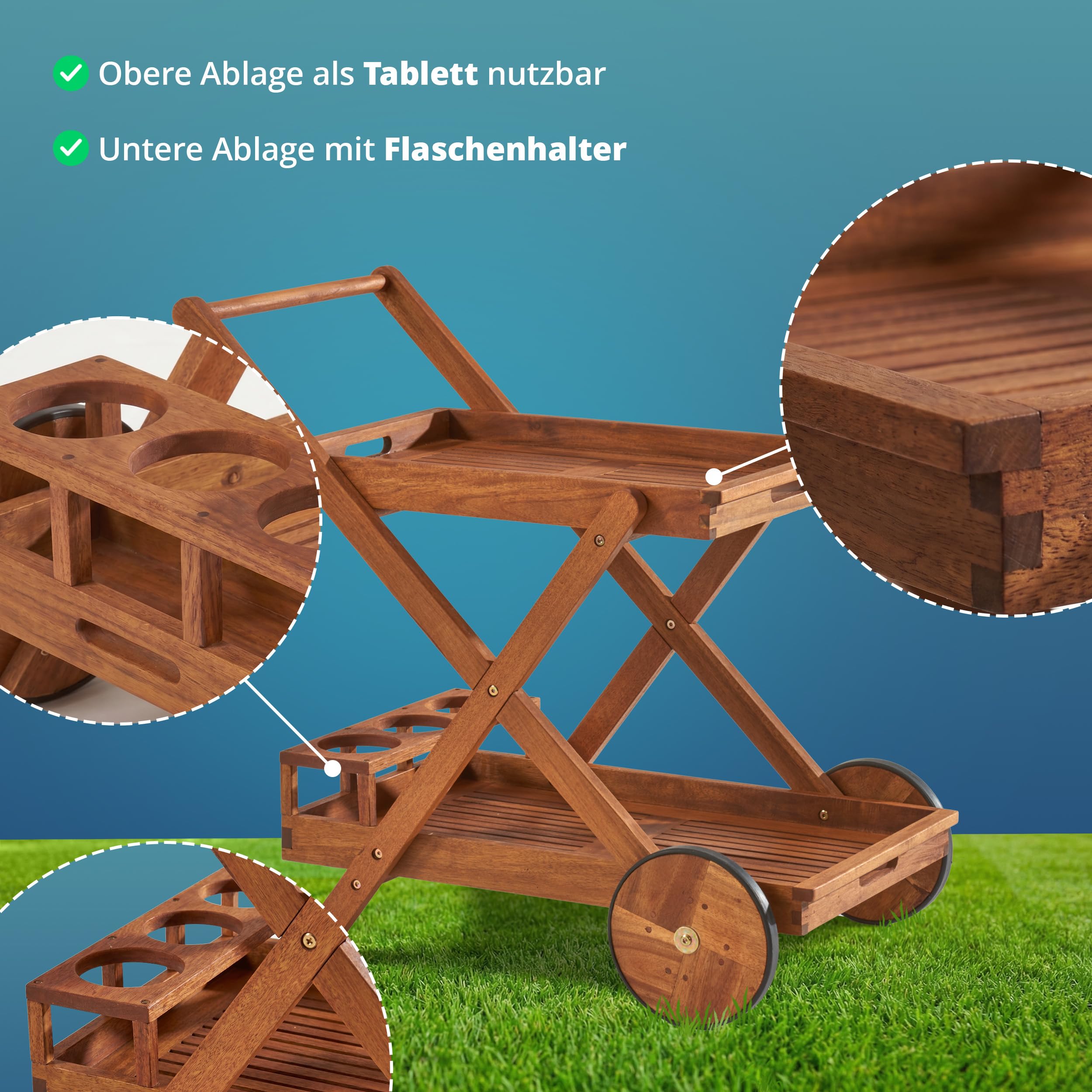 KHG Servierwagen aus Akazie-Massivholz braun auf Rollen, 2 Ablagen, obere als Tablett nutzbar, Flaschenhalter wetterfest geölt 51x76x81,5 cm