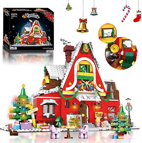 Juego de construcción de casa familiar de Navidad, visita de Papá Noel, casa de vacaciones, aldea de invierno, bloques de construcción de casa de