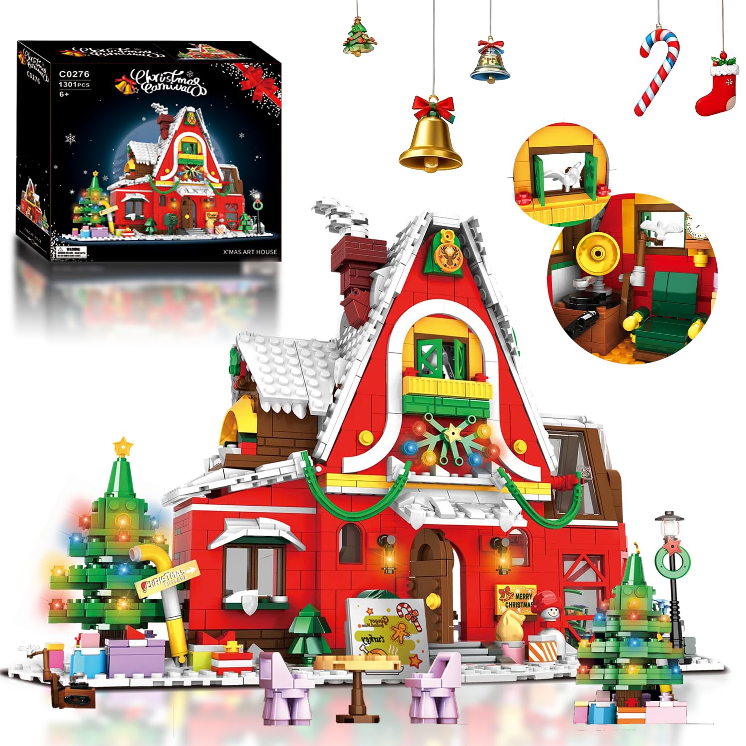 Christmas Family House Building Set Toy - Christmas Santas Visit Holiday House Winter Village Snow House Building Blocks with Xmas Tree Post Box, Gift Idea Festive Home Dcor for Kids Adults