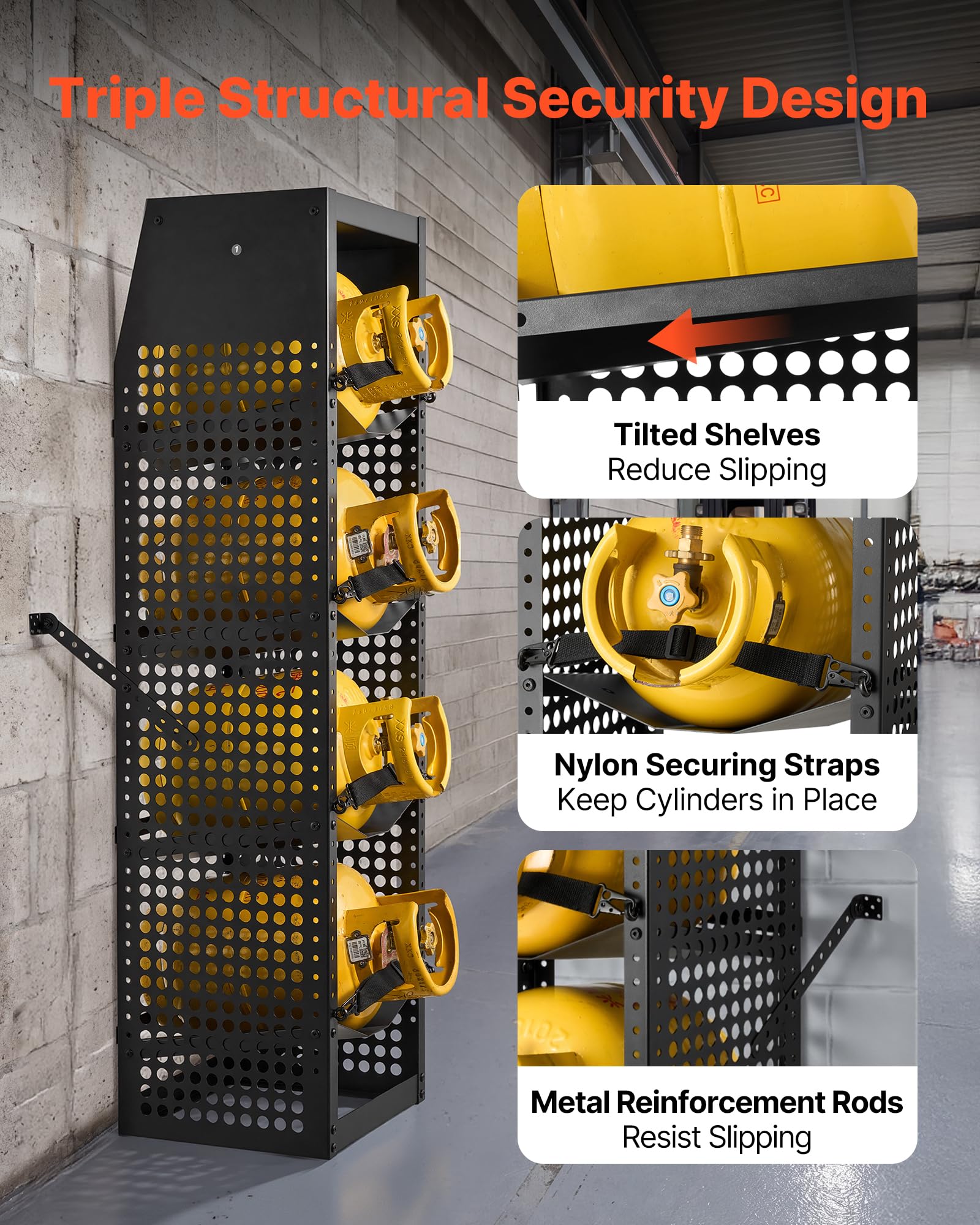 VEVOR Portabombole 376 x 330 x 1321 mm per Refrigerante, Mobile a 4 Ripiani per 4 Bombole, con Ripiano Superiore, Acciaio al Carbonio Verniciato a Polvere Nera, per Furgoni Conservazione Gas Compresso
