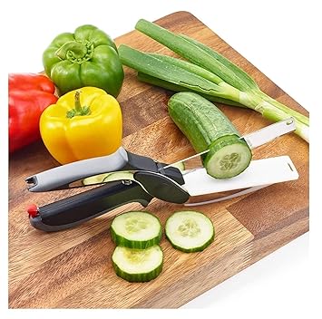 2-in-1 Smart Clever Cutter Kitchen Knife Food Chopper with Built-in Mini Chopping Board, Stainless Steel Blade, Spring Action, Black (Pack of 1)