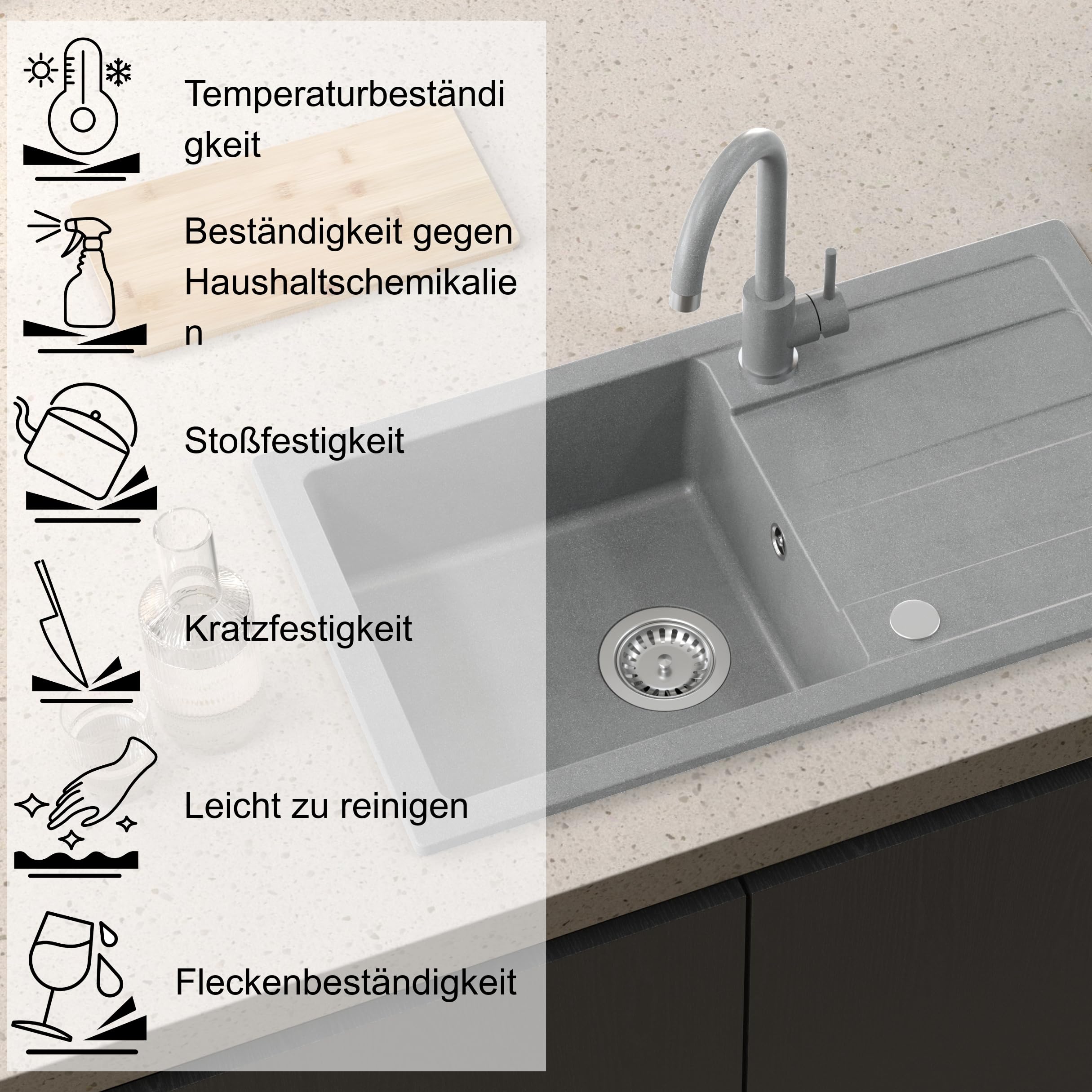 QUADRON Spülbecken Spüle Küche Granit | Größe 77 x 44 x 17,6 cm Schwarz | GO MAX Granitspüle Einzelbecken-Spüle | Einbauspüle mit Küchenarmatur | Einbeckenspüle Küchenspüle
