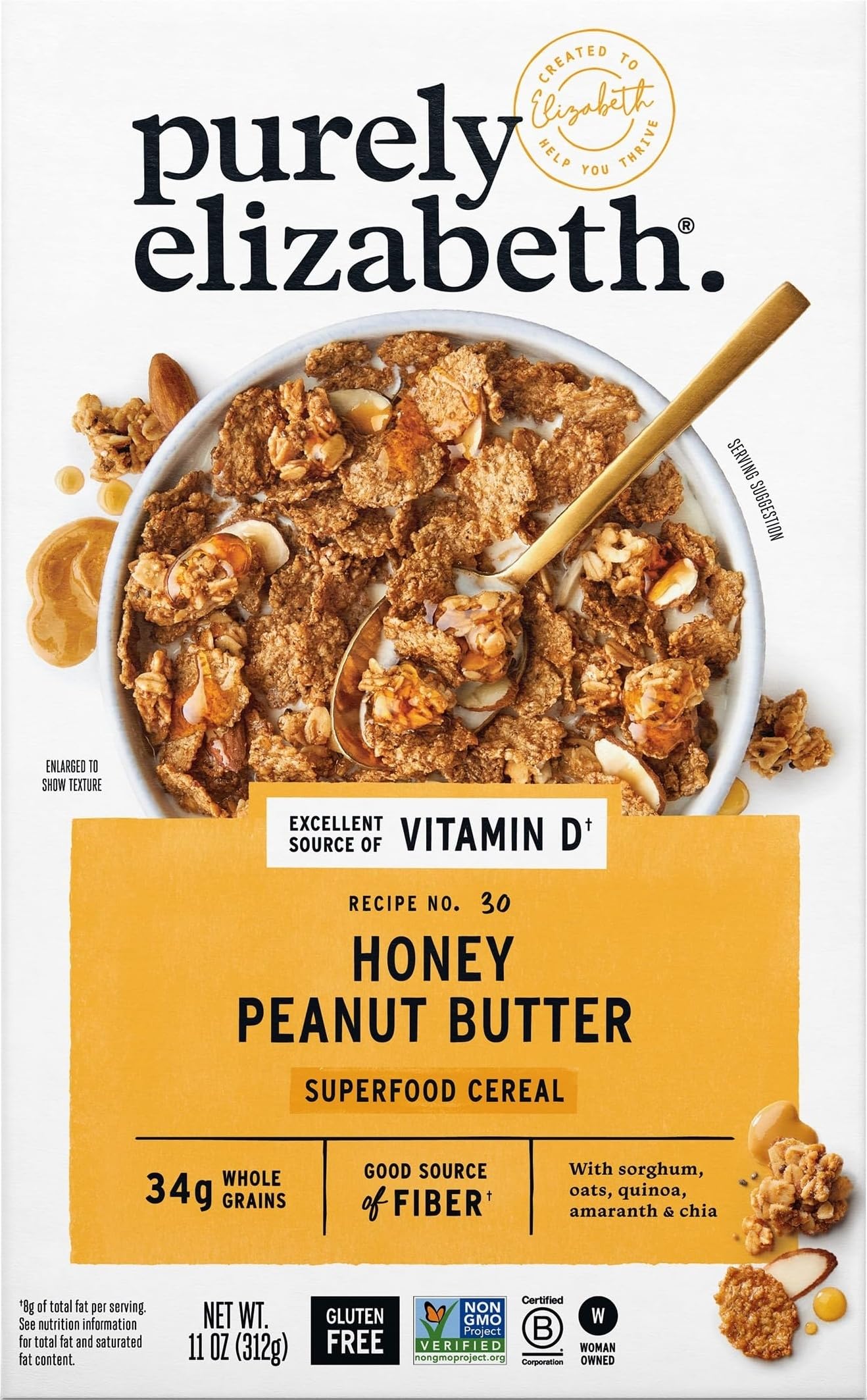 Purely Elizabeth, Honig-Erdnussbutter, Superfood-Müsli mit Vitamin D (1 Box, 325 ml), 6 g Ballaststoffe