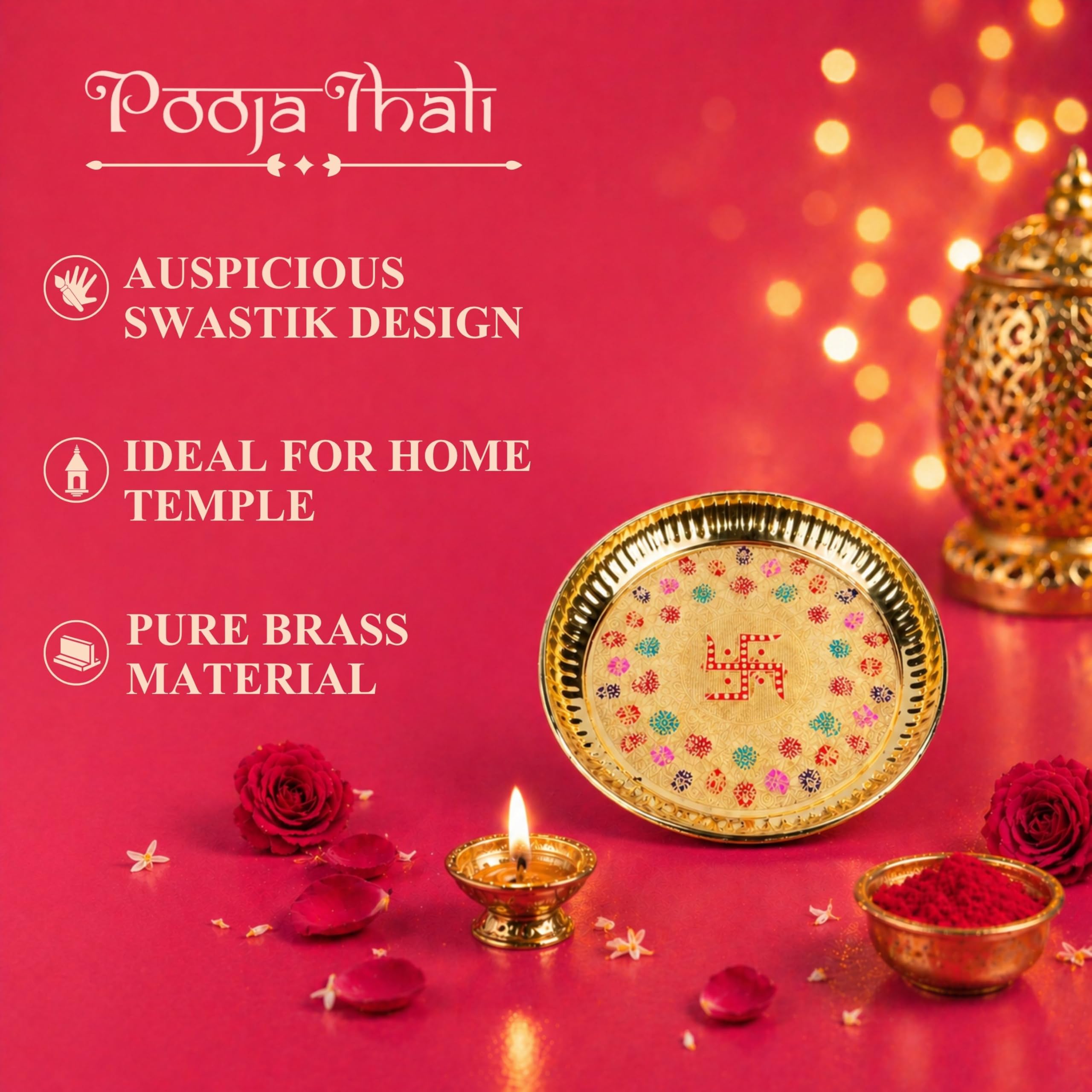 Klassic 6 Inch Pure Brass Swastik Design Puja Thali | Floral Embossed Brass Aarti Plate for Roli Chawal, Kumkum Haldi & Prasad | Mandir Pooja Thali for Home, Office, Diwali & Gifting 3