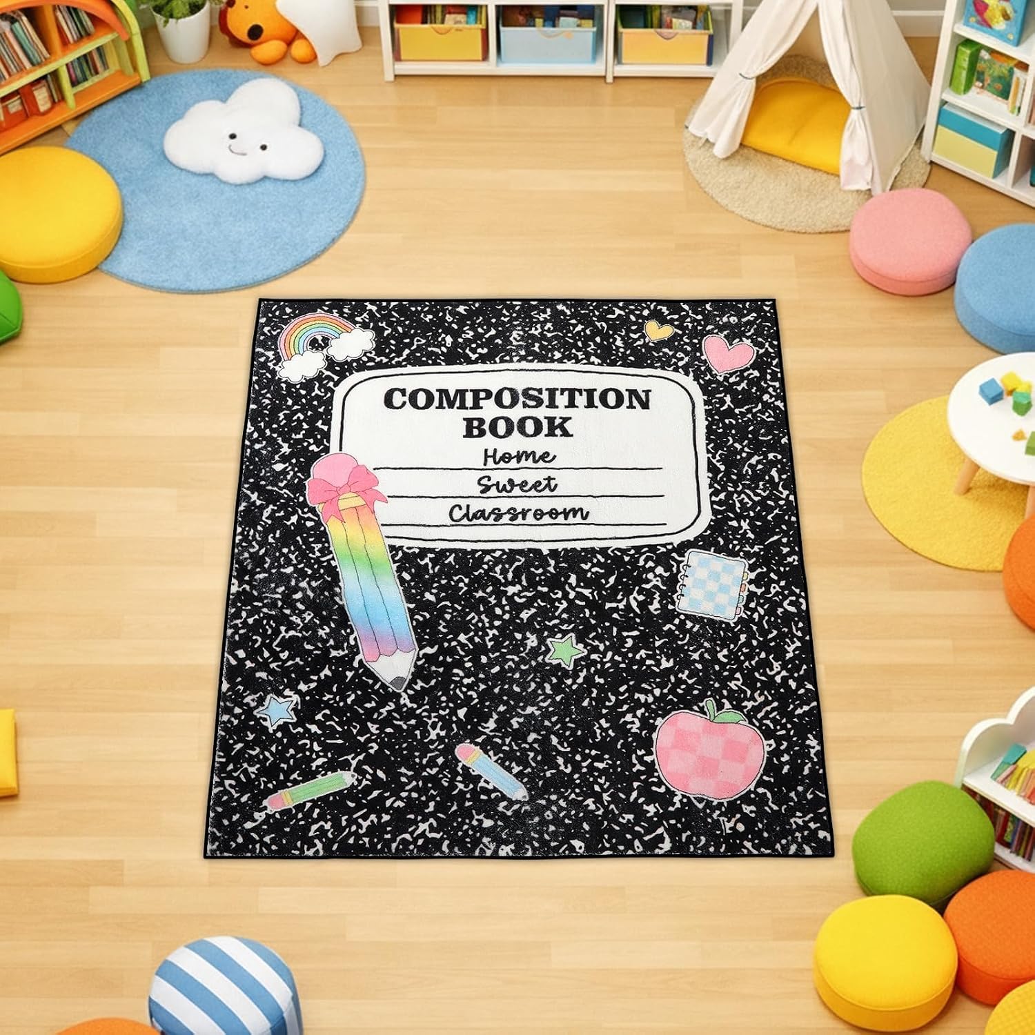 party greeting 3.3x4 ft Pastel Composition Notebook Classroom Rug Decor Non-Slip Soft Fluffy Educational Area Rug Learning Floor Mat for School Reading Calming Corner Nursery Playroom Bedroom