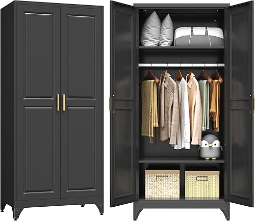 Miniatura 16 de Armario de metal con 2 puertas, armario de 71 pulgadas de alto con puertas, barra para colgar, cajones y estantes ajustables, armarios de