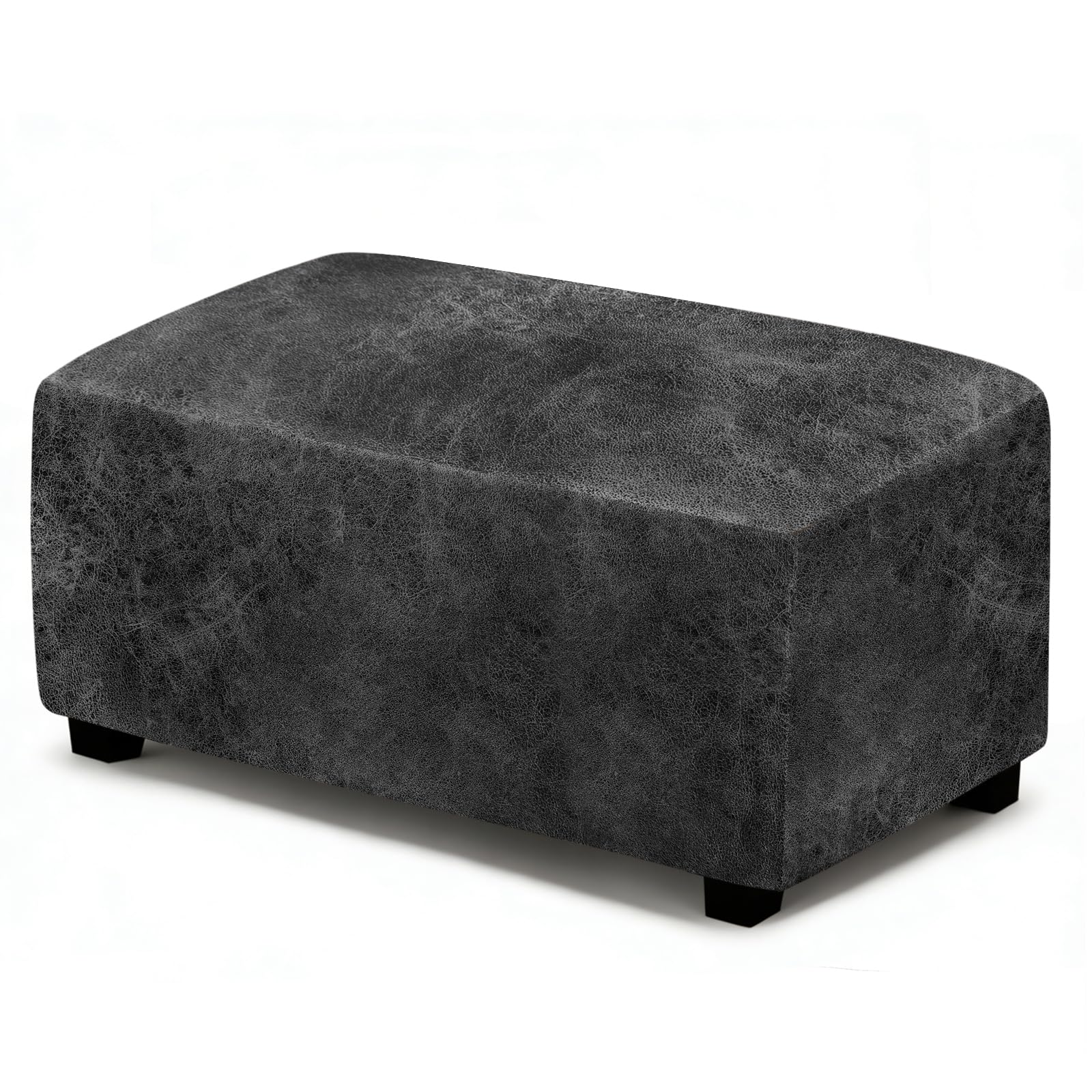 ANARACHON Leather Like Ottoman Cover, Stretch Small Square Ottoman Covers, Rectangular Ottoman Slipcovers with Removable Washable Non-Slip Elastic Bottom for Footstools (02 Dark Grey, Large)
