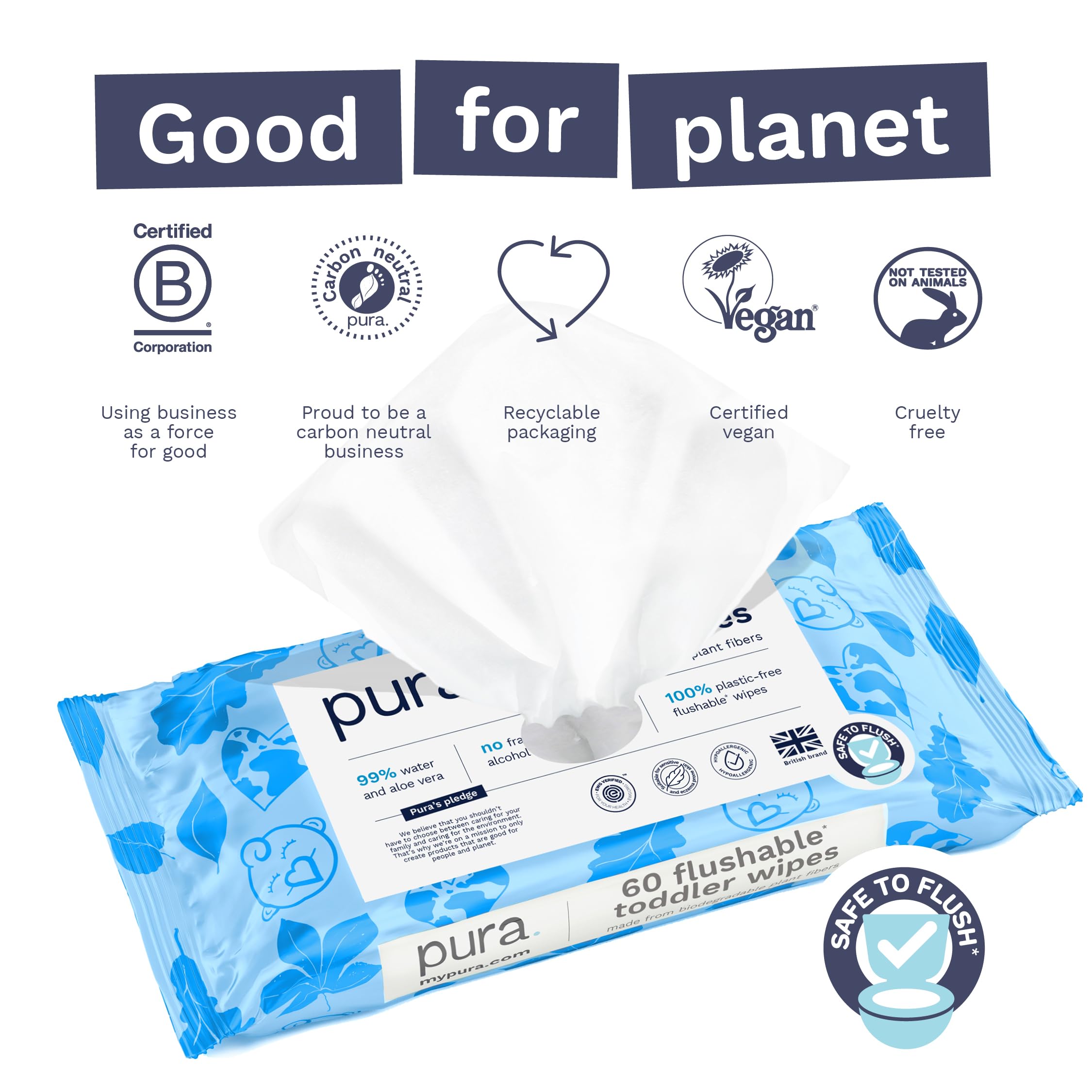 Pura Flushable Toddler Wipes 10 x 60 Wipes (600 Wipes), 100% Plastic Free, 99% Water, Hypoallergenic & Fragrance Free, Totally Chlorine Free, Kids Toilet Wipes, Sensitive Skin