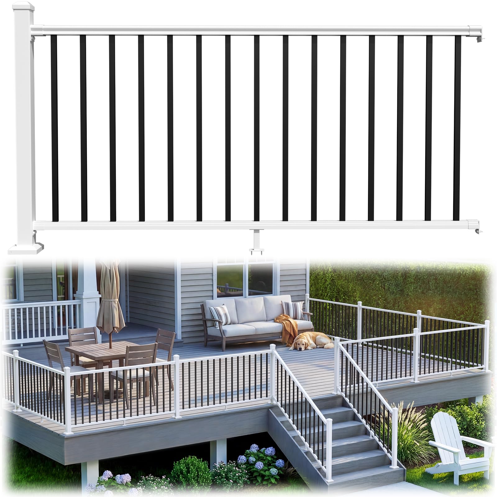 Photo 1 of ***PARTIAL SET - PRICE ADJUSTED***Guwezoy W.6ft x H.36in Modular Aluminum Deck Railing Kits with White Post, Outdoor Railing System with AAMA 2604–Grade Textured Powder-Coat Finish, Decking Railings for Decks Porches, Patios