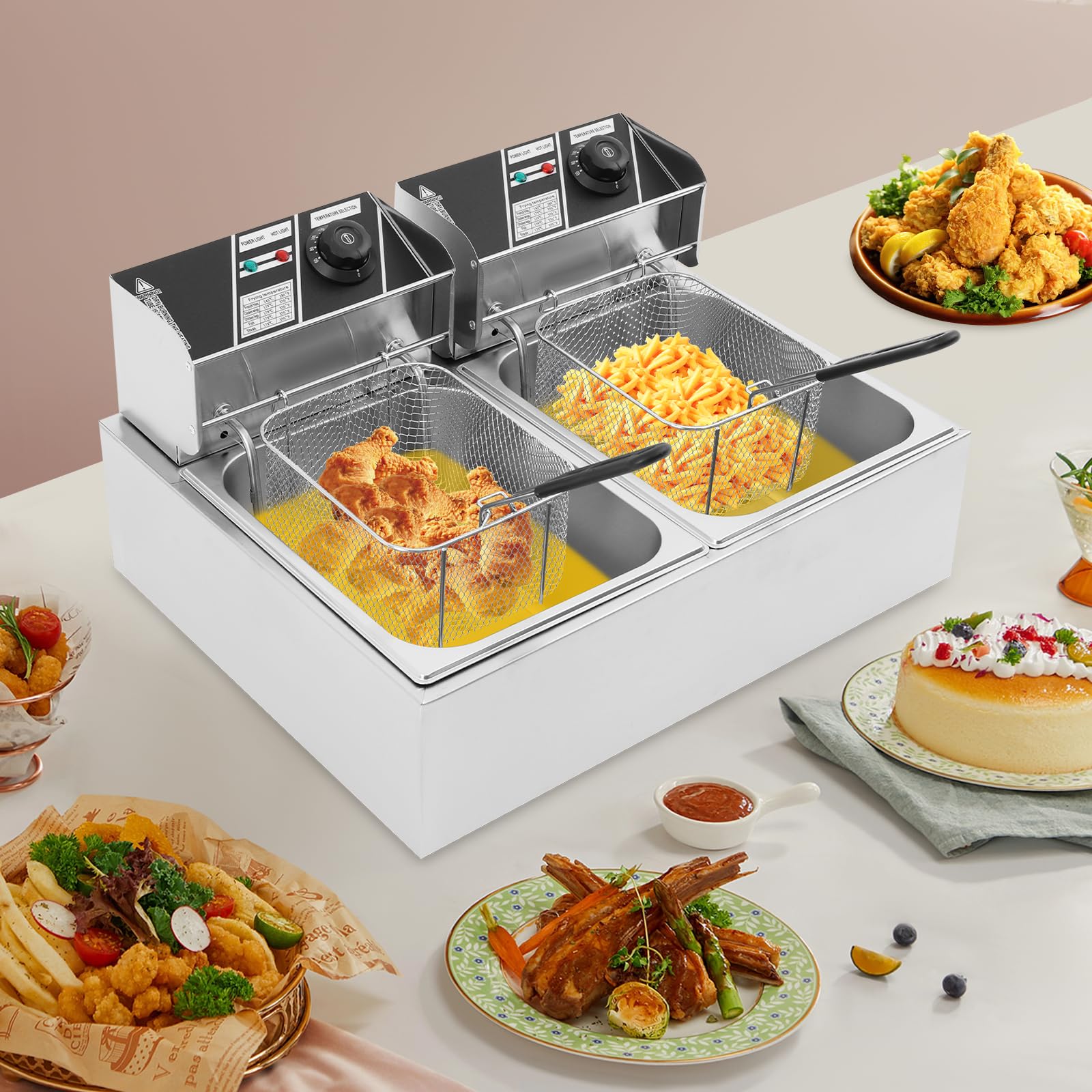 Friggitrice elettrica doppia vasca da 6 l, friggitrice professionale in acciaio inossidabile 201, termostato indipendente 60-200 °C, 2 cestini, 2,5 kW × 2, ideale per ristorante, snack