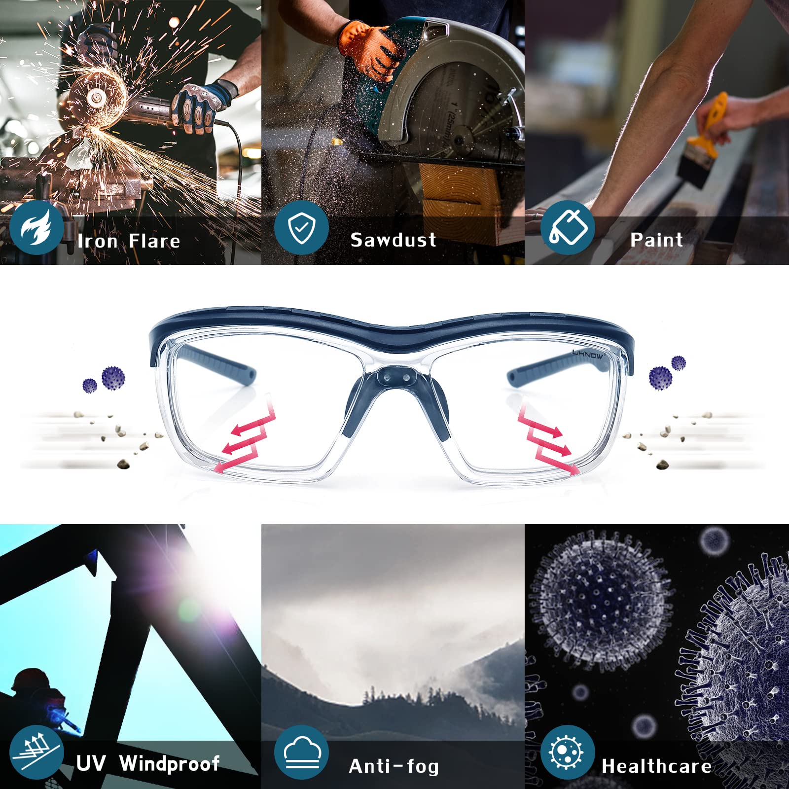 UKNOW Gafas de seguridad antivaho, protección ocular con lentes transparentes de protección UV y protectores laterales, gafas protectoras ANSI Z87.1