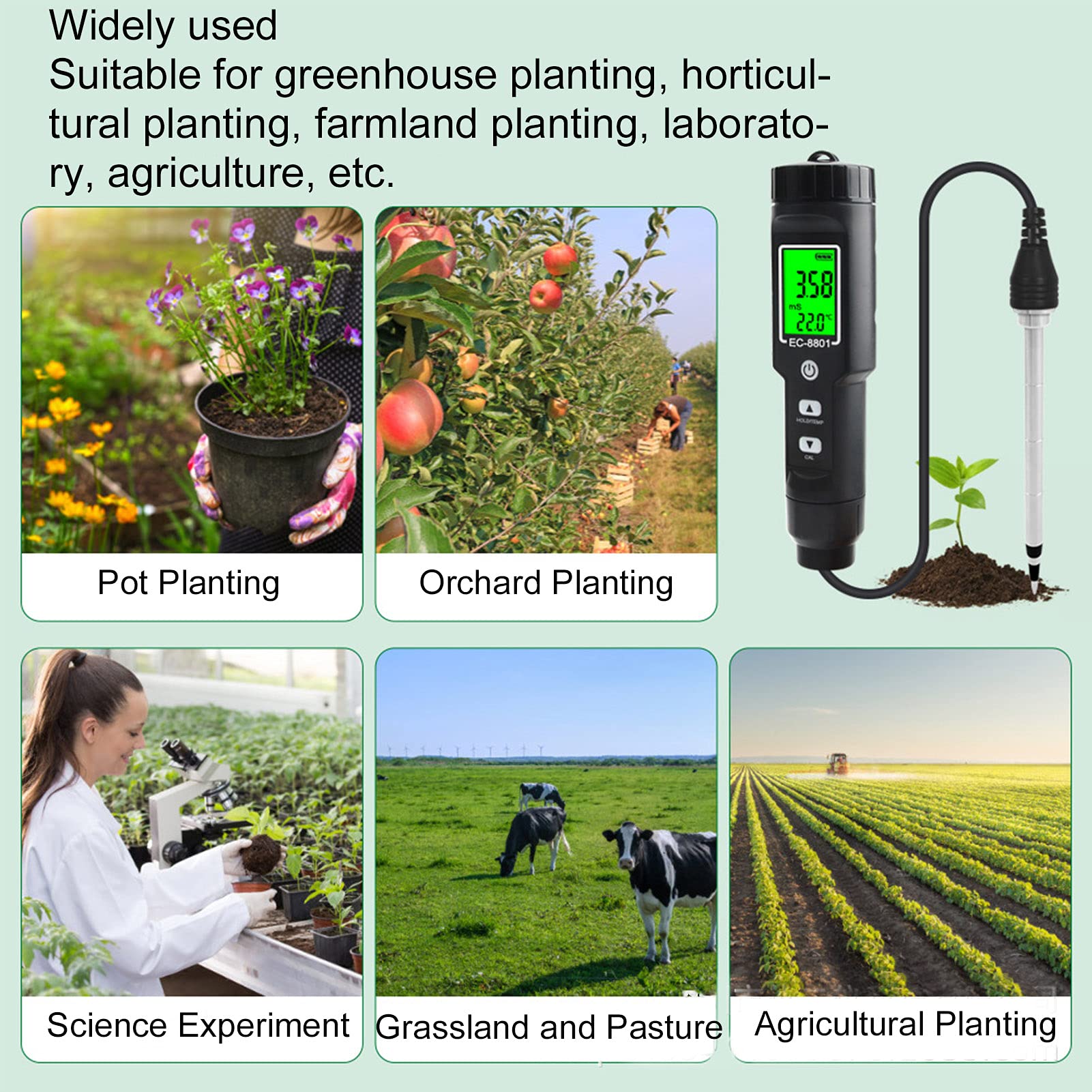 Probador EC Hidropónico Medidor de Conductividad del Suelo con Sonda Extraíble Retroiluminación LCD para Suelo Hidropónico Plantación Agrícola Diseño ABS Portátil 0-19,99 Ms/cm ±2% Precisión
