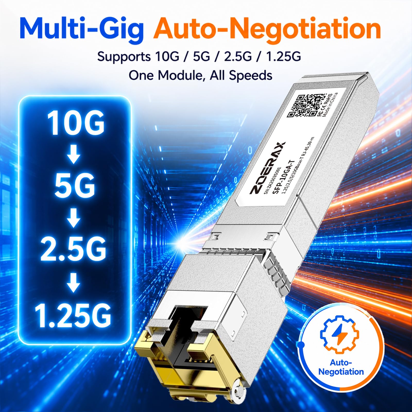 Ricetrasmettitore in rame da 10G SFP+ a RJ45, confezione da 2, multi-rate 10G/5G/2.5G/1.25G, auto-negoziazione, supporto Cat6a/Cat7 da 30 metri, sostituibile a caldo per Cisco, Ubiquiti, TP-Link