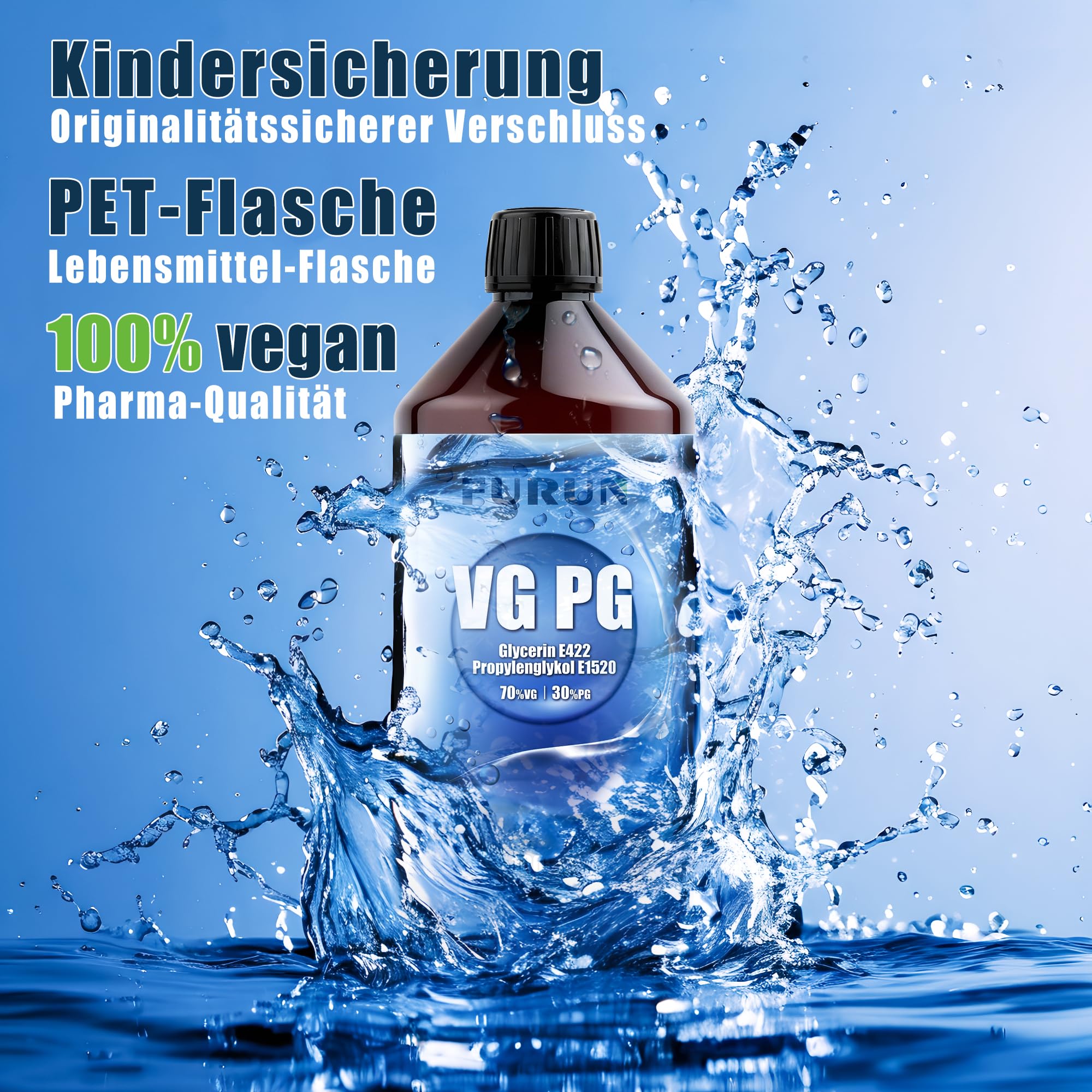 FURUN 70% VG Glycerin 30% PG Propylenglykol E422 E1520 Pharma-Qualität, Reinheit >99,9%, Vegan, Kindersichere PET-Apothekerflasche