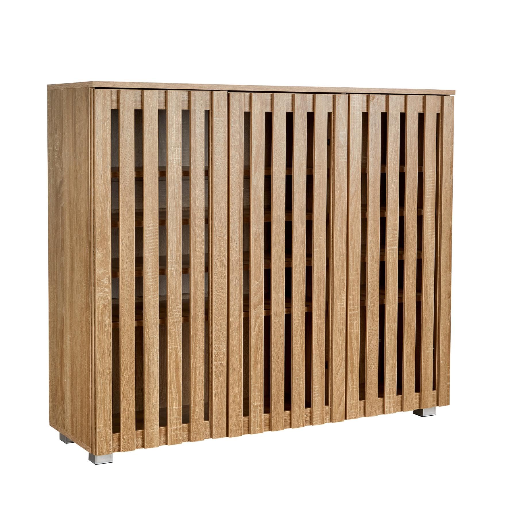 Home Source 3 Door Wooden Shoe Storage Cabinet Rack Stand, Slatted Cupboard, Oak Effect
