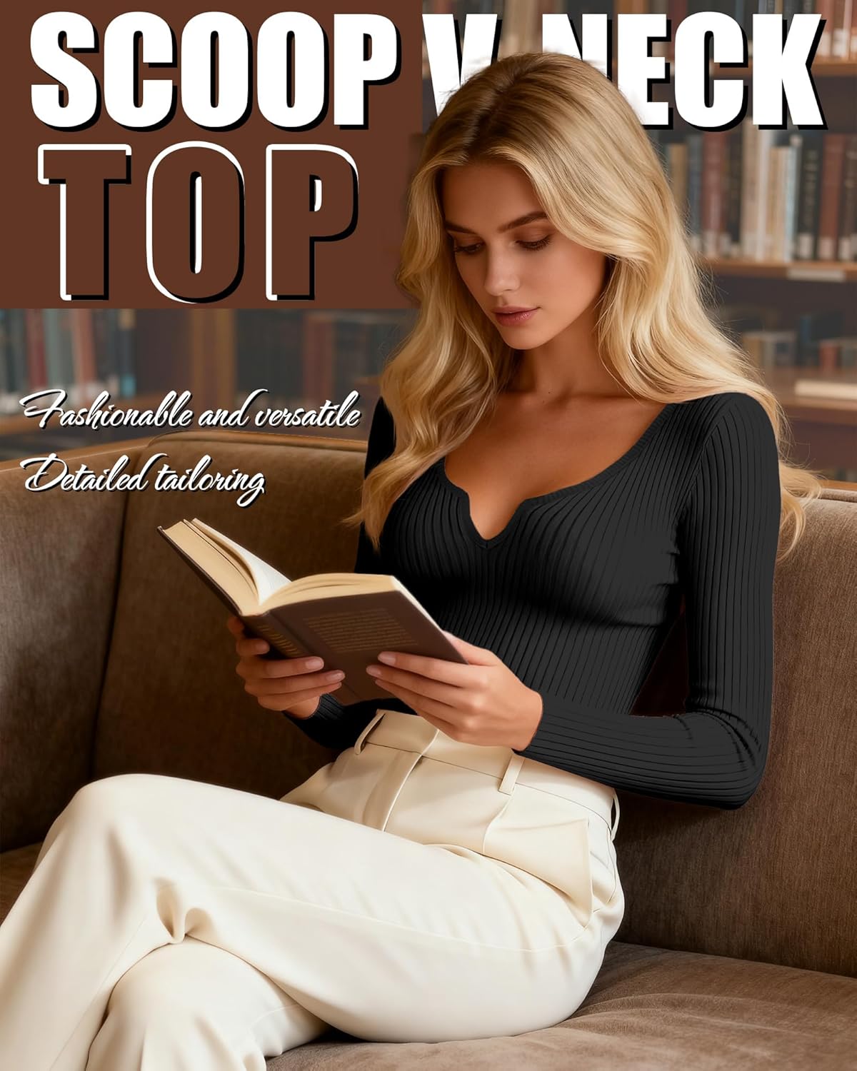 3 Pack Women's Long Sleeve Shirts Cotton Ribbed Scoop Neck Vnotch Tops Slim Low Cut Stretch Basic Tees - Image 2