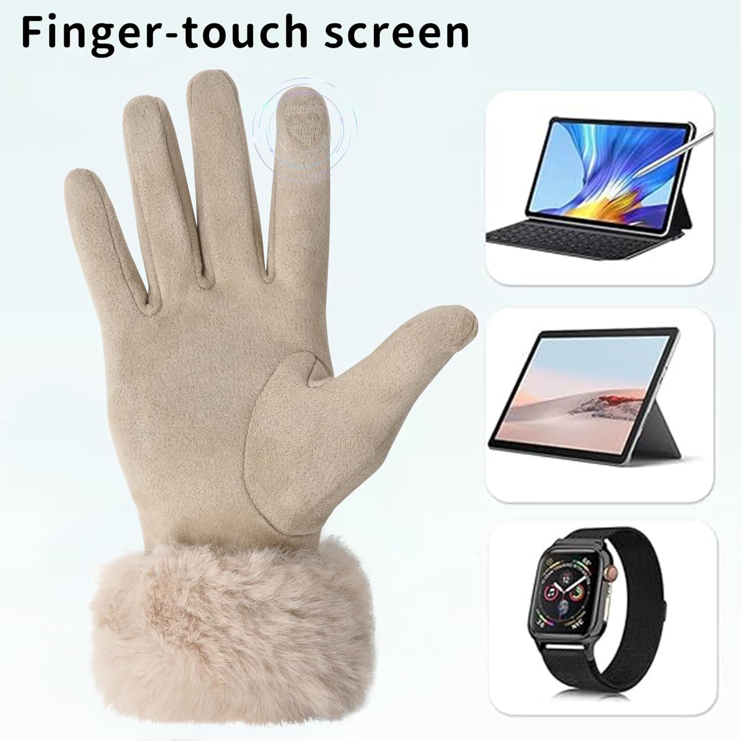 Women's Touchscreen Gloves 5-Finger sparkly Rhinestone Winter Gloves Faux Fur Cuff Plush Fleece Lined Driving Gloves - Image 4