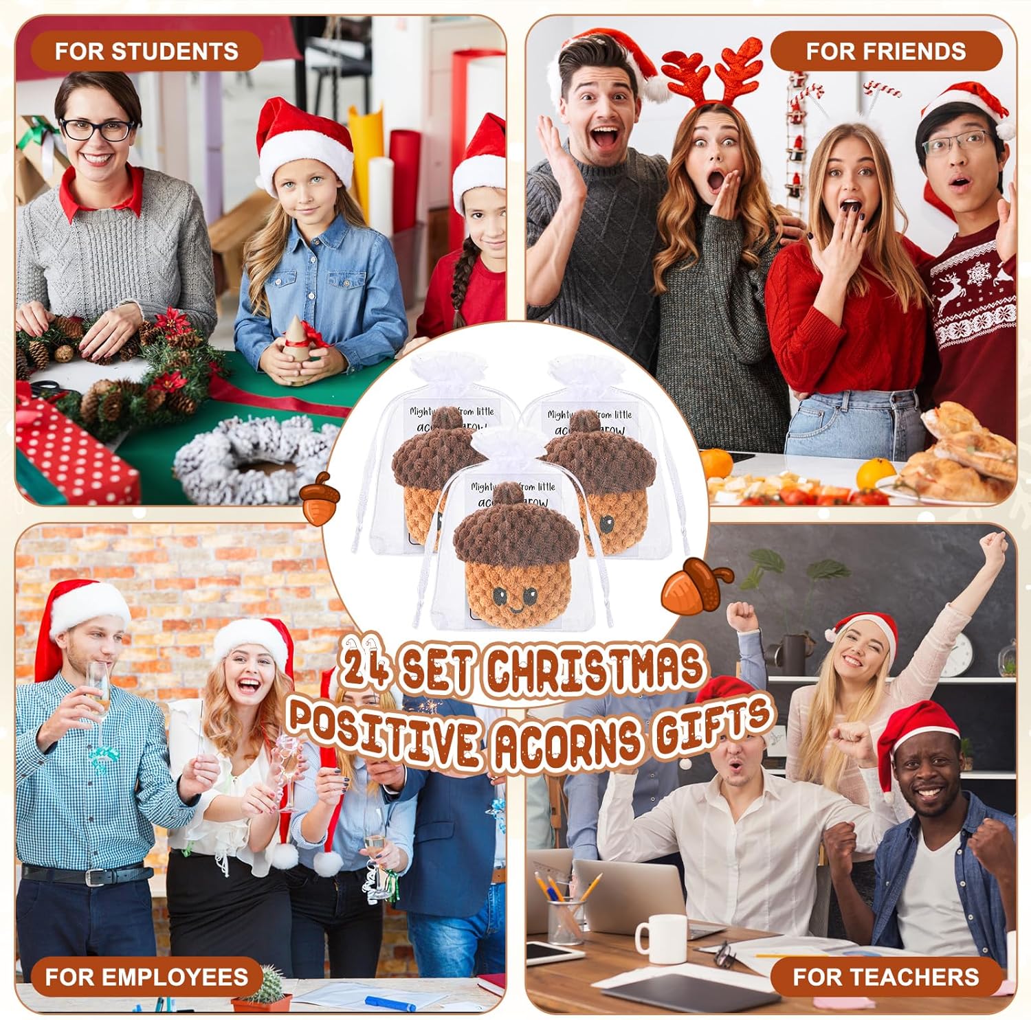 RoundFunny Positive Crochet Acorns Inspirational Gifts Cute Handmade Crochet Acorns with Cards and Bag Stocking Stuffer for Friend Daughter Son Small Birthday Gift