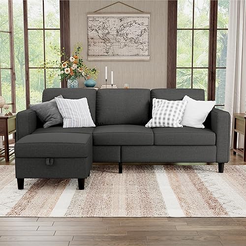 Sectional Sofa and Couches for Living Room - 78'' Dark Grey 3 Seat L-Shaped Couch with Storage Ottoman, Pet Friendly Linen Convertible Sectionals Sofas with Chaise for Apartment, Office, Small Space