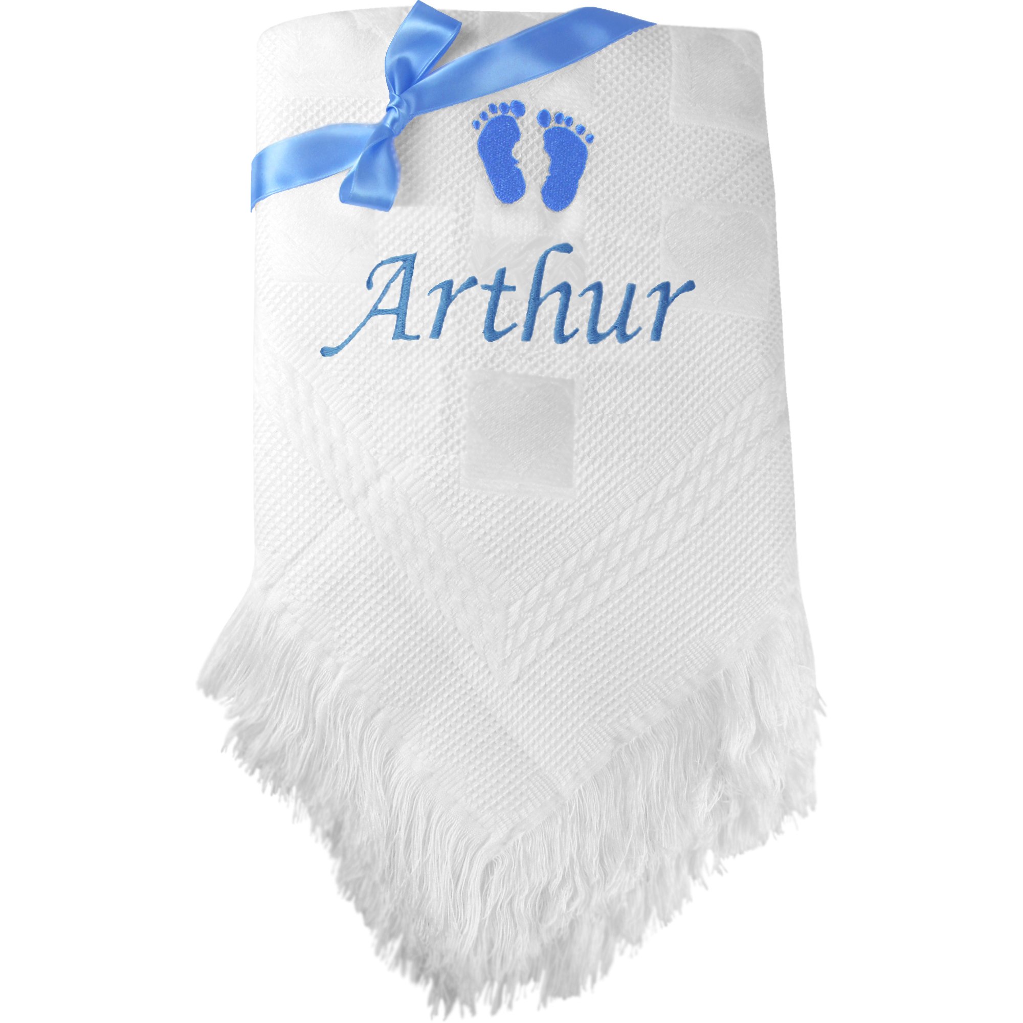 Teddyt's Blue Embroidery Personalised Footprint Shawl Blanket Gift With Name Embroidery (One Name (10 Characters), )