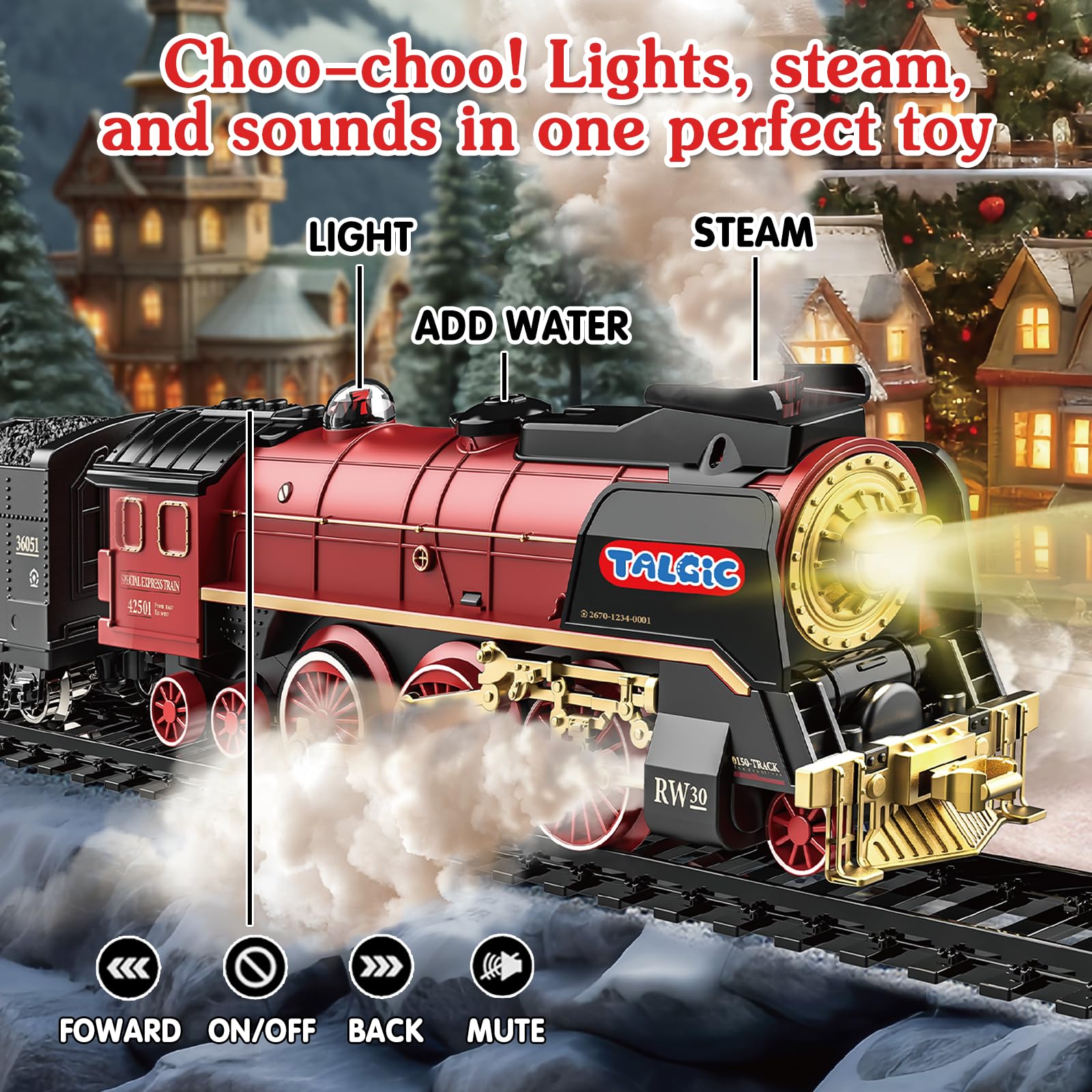Train Set, Remote Control Train Toys for Boys with Steam, Lights and Sound, Fancy Tracks, Christmas Train Sets for Around The Tree, Model Trains for 3 4 5 6 7 8+ Kids/Toddlers