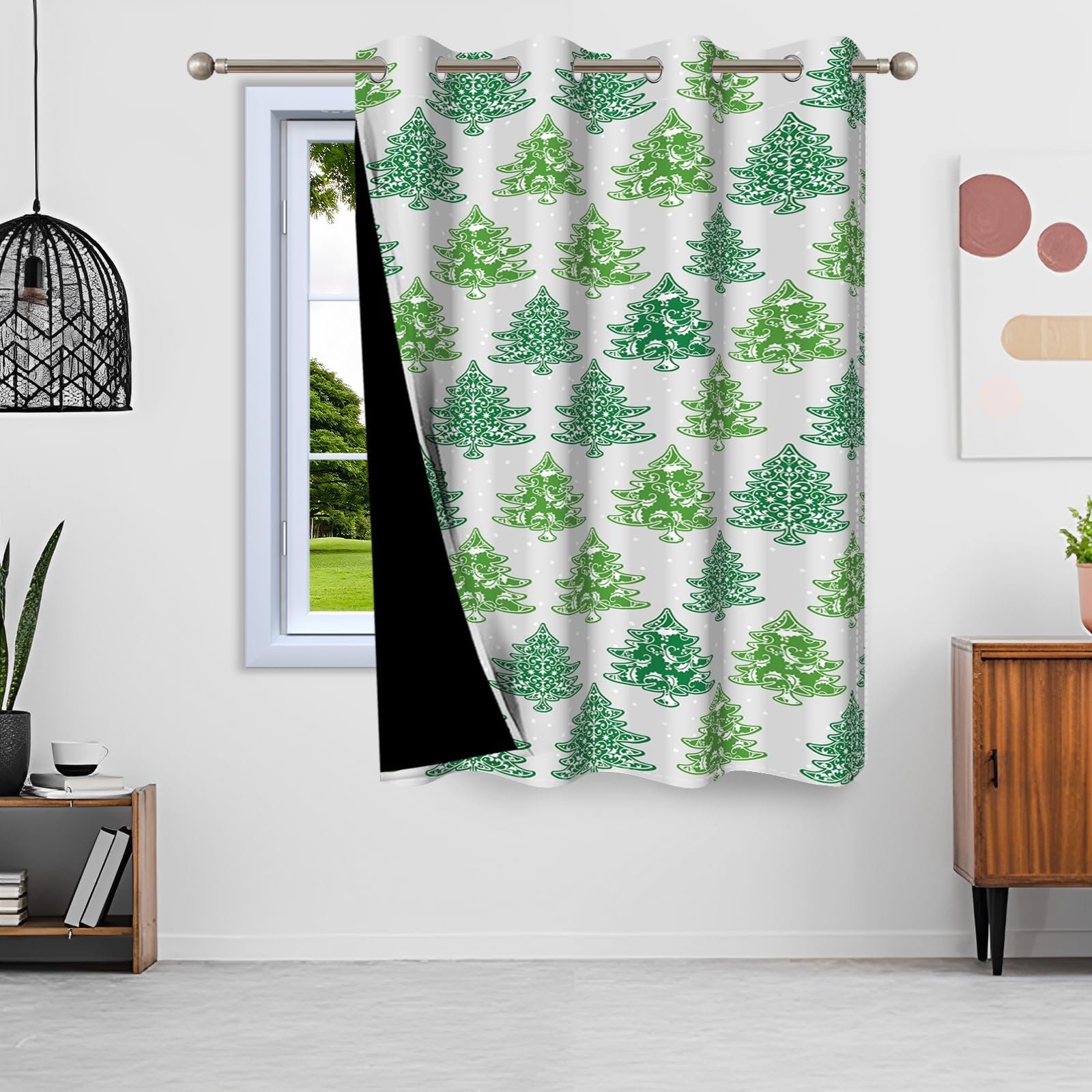 ggaimwf 42"x 63" Cartoon Trees Eyelet Curtain Green Snowy Tree Winter Geometric Grommet Room Dividers Blackout Window Drapes for Christmas Decoration Girls Boys Bedroom Living Room,1-Single Panel - Image 4