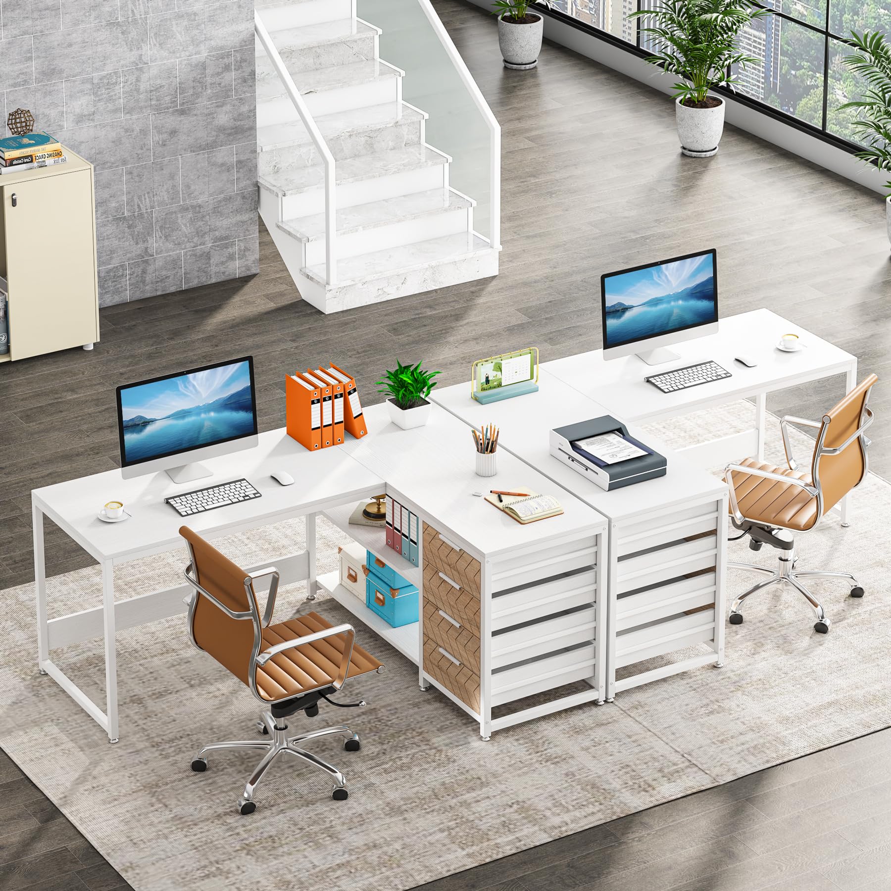 Tribesigns Schreibtisch mit 4 Schubladen, L-förmiger Computertisch mit 2 Ablagen, Reversible Eckschreibtisch für Büro,Arbeitszimmer, Wohnzimmer,155×110×75cm (weiß)
