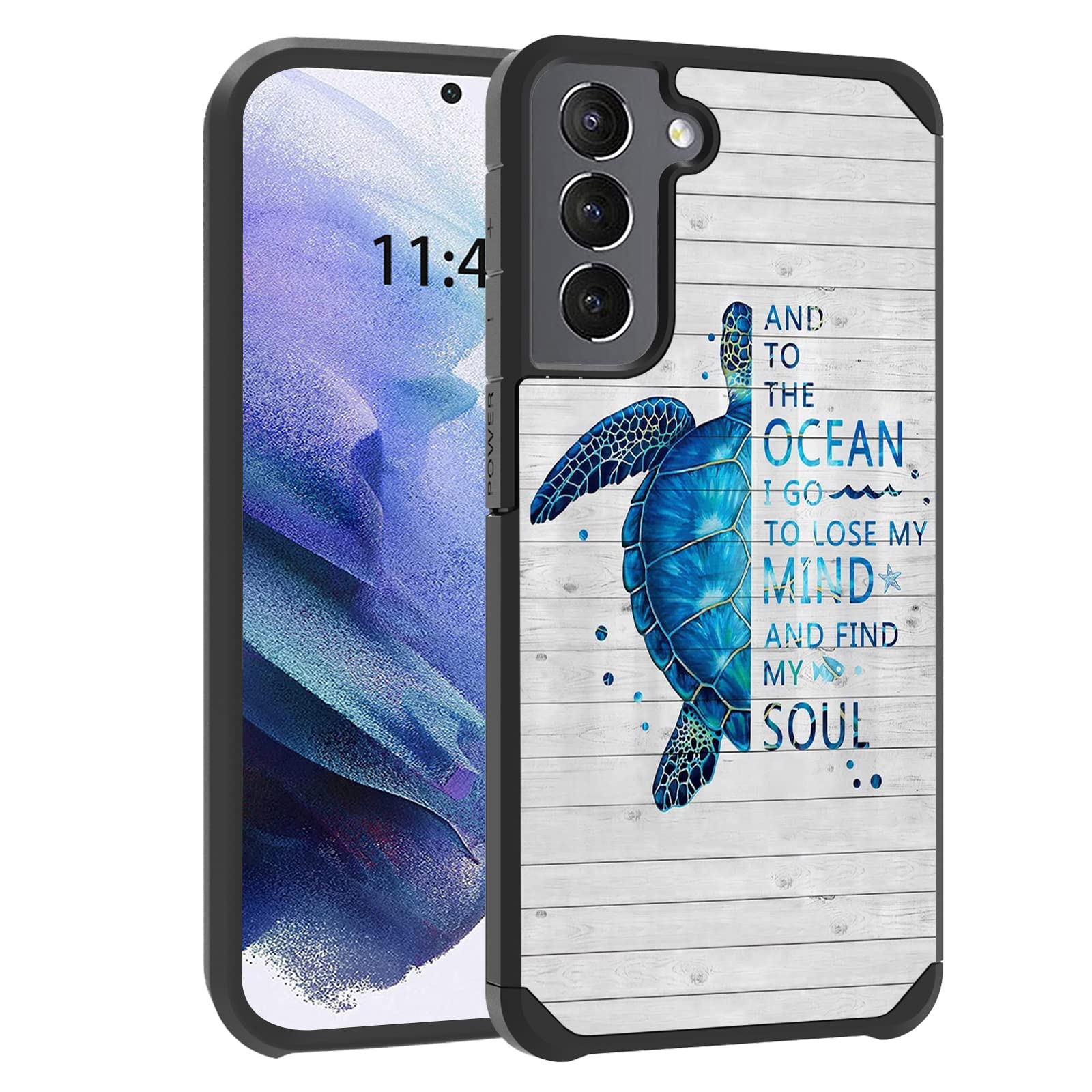 BWOOLL Case for Samsung Galaxy S21 FE 5G [Not for S21], Funny Words with Blue Sea Turtle on Rustic Wooden Board Hybrid Hard PC & Soft Silicone Dual Layer Shockproof Protection Case