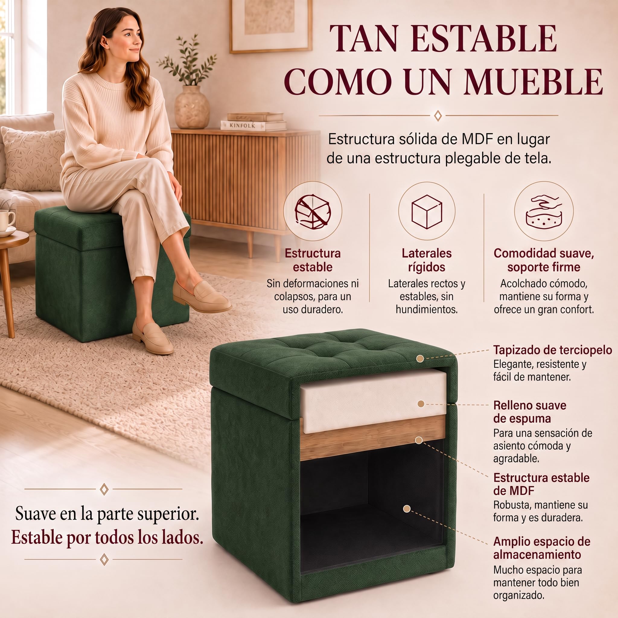 VELORA H&L Puf con Almacenaje 45 x 45 cm Verde Oscuro – Puf Tapizado en Tela con Compartimento Interior, Soporta hasta 150 kg, para Salón, Dormitorio y Recibidor