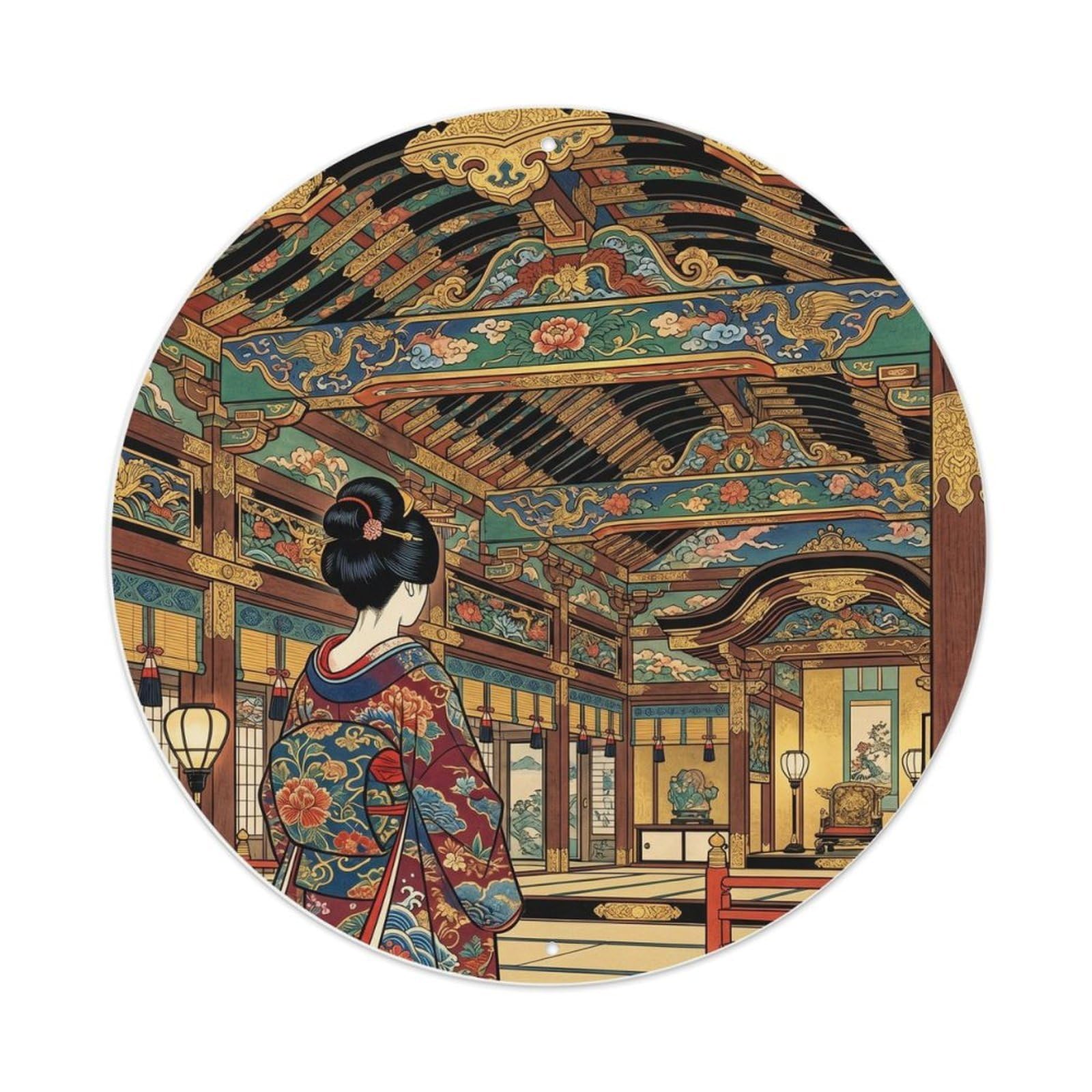 Fqnyr Style Metal Tin Sign Japanese Geisha Admiring Carved Beams Painted Rafters